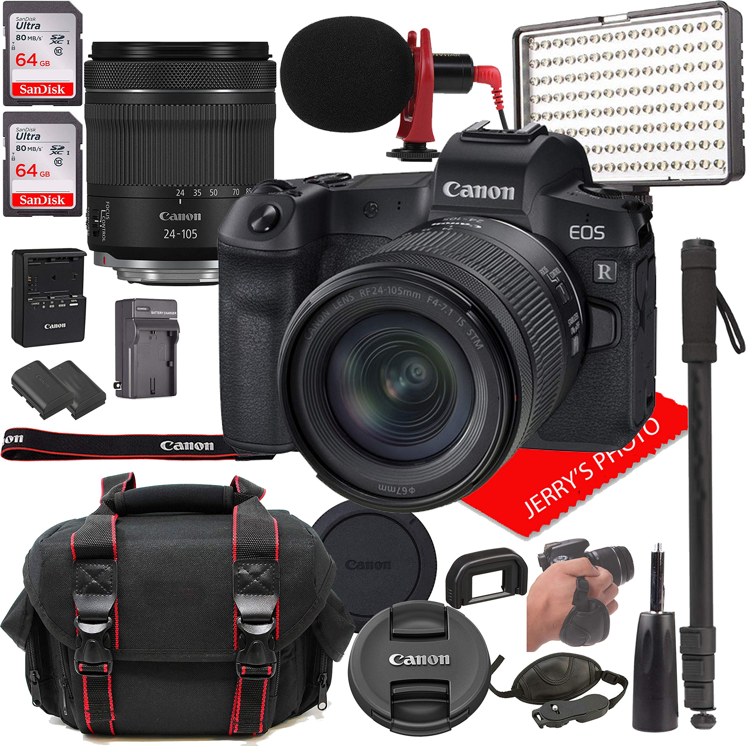 Canon EOS R Mirrorless Digital Camera with 24-105mm f/4-7.1 Lens Bundle + LED Video Light, Microphone, Monopod, and More (24pcs)