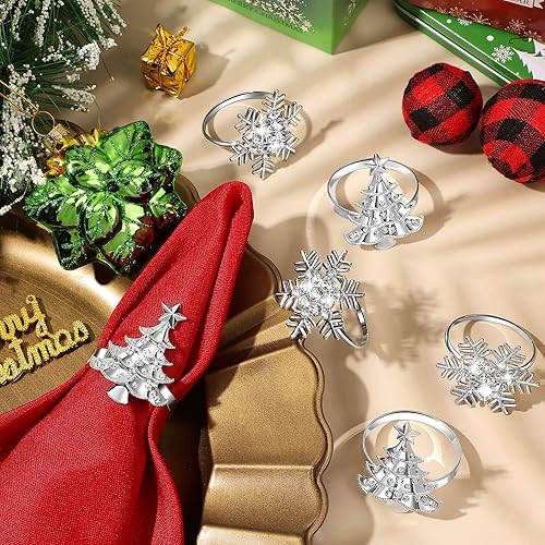 Miniatura 4 de Juego de 24 servilletas y anillos de Navidad, 12 servilletas de Navidad lavables de color rojo y 12 servilleteros de Navidad para cenas navideñas