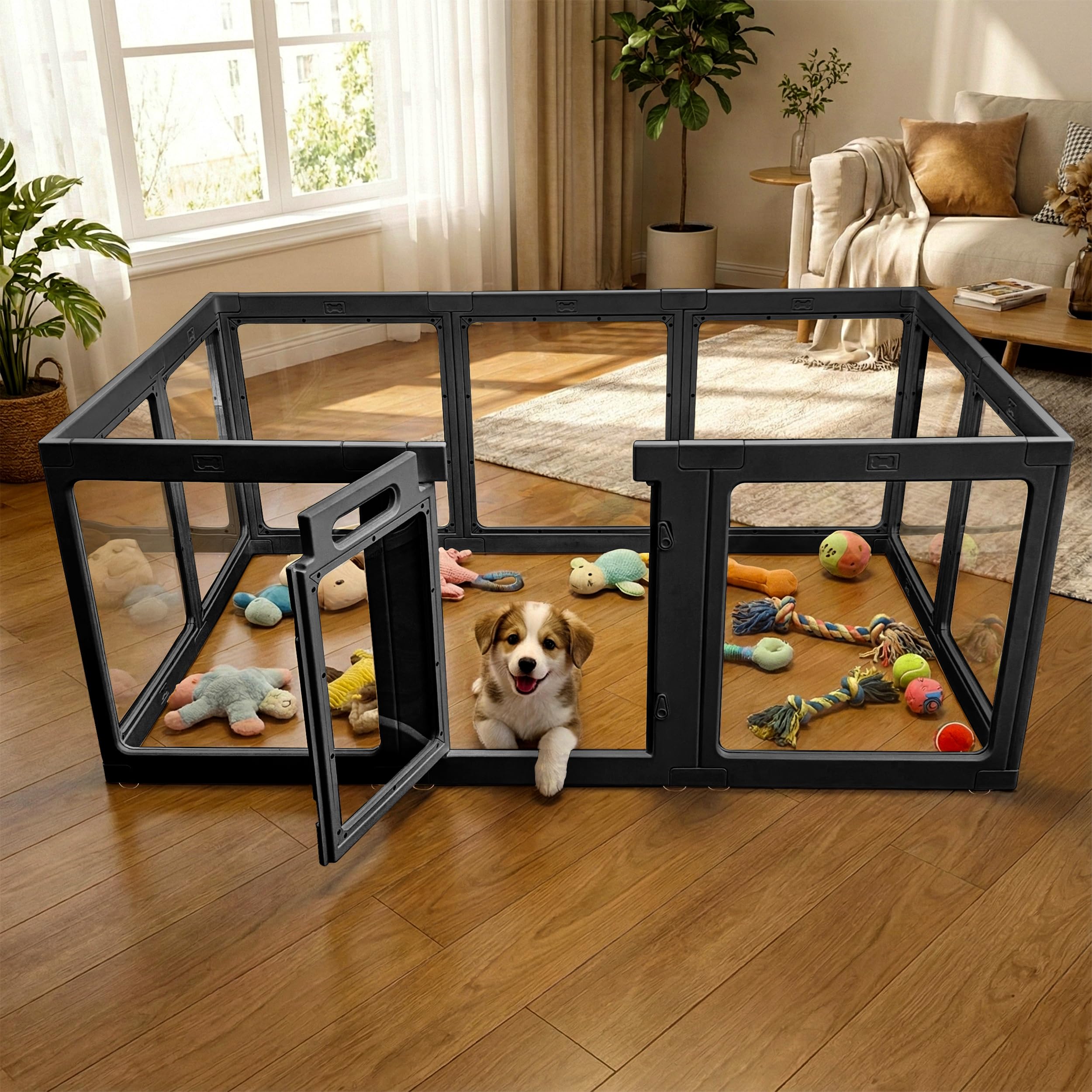 Transparent Indoor Dog Playpen with Safety Lock, Indoor Dog Fence for Small &amp; Medium Pets | Secure, Stylish, Easy Clean Play Pen for Dogs &amp; Pets with Scratch Resistant Panels (24''H,Black, 10 Panel)