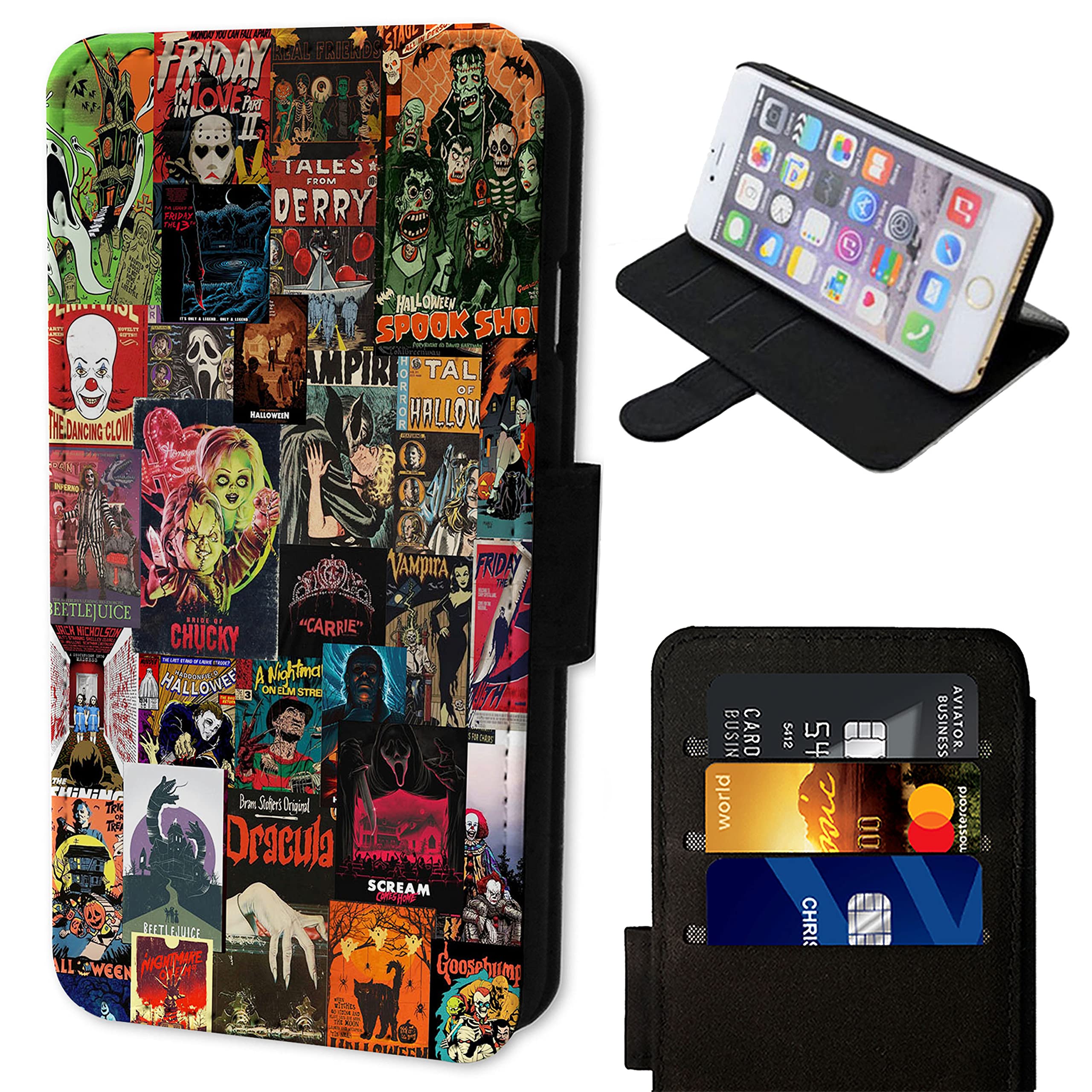 Wallet Phone Case Cover Compatible with iPhone SE 7 8 X XR 11 12 13 14 15 16 16E Plus Mini Pro Max Flip Magnetic Clasp Style Shockproof - Horror Movie Posters Wall Black