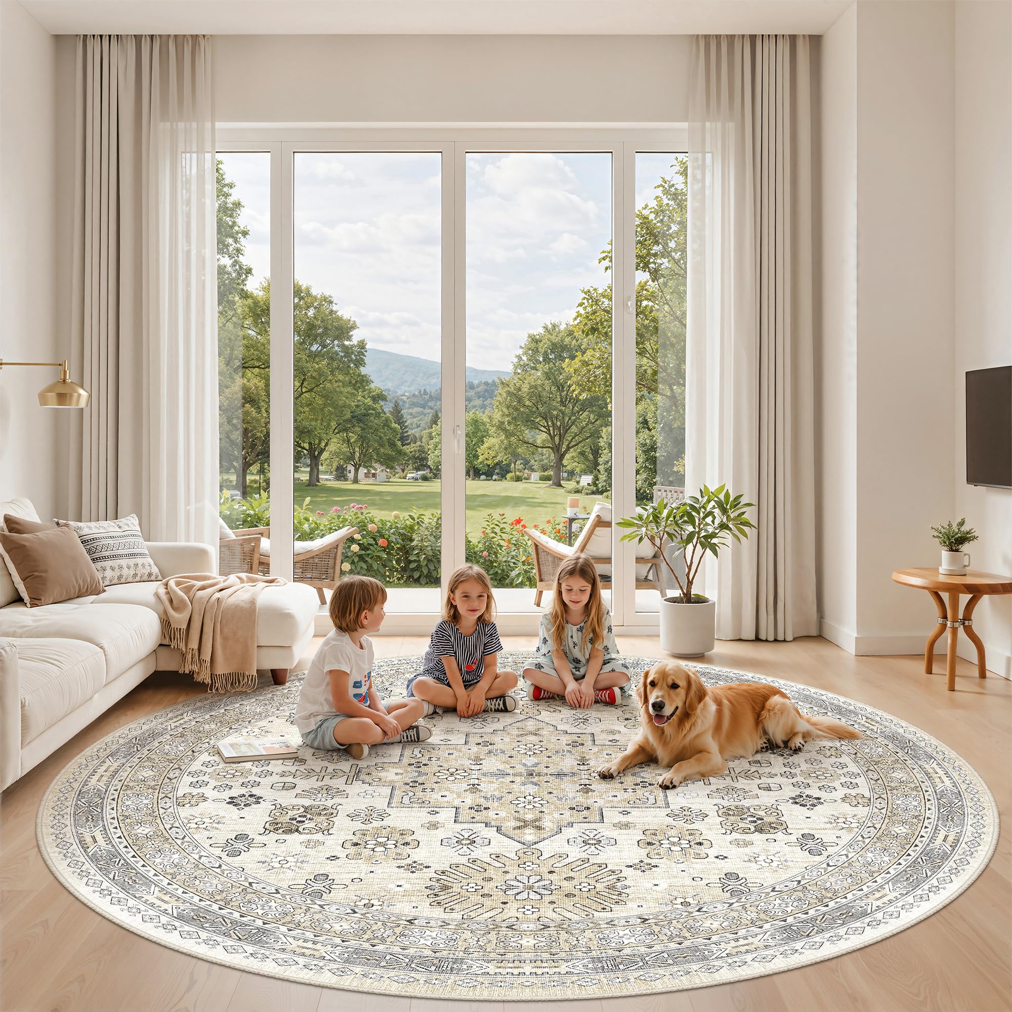 zesthome Runder Teppich, rutschfest, waschbar, ultradünne große Vorleger, weicher Kurzflorteppich für Wohnzimmer, Schlafzimmer, Küche, Vintage, schmutzabweisend, 243,8 × 243,8 cm, Beige