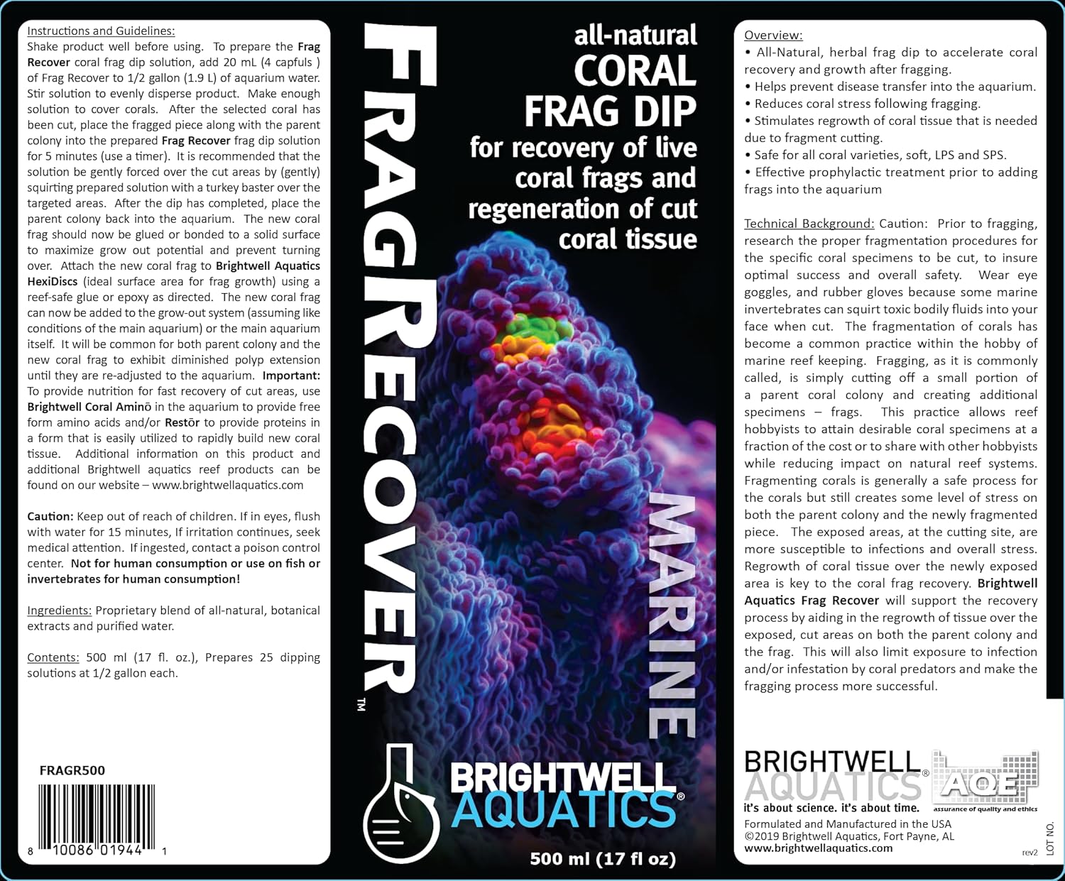 Brightwell Aquatics Frag Recover - Natural frag dip for Tissue Recovery and to Prevent infections, 1 Liter