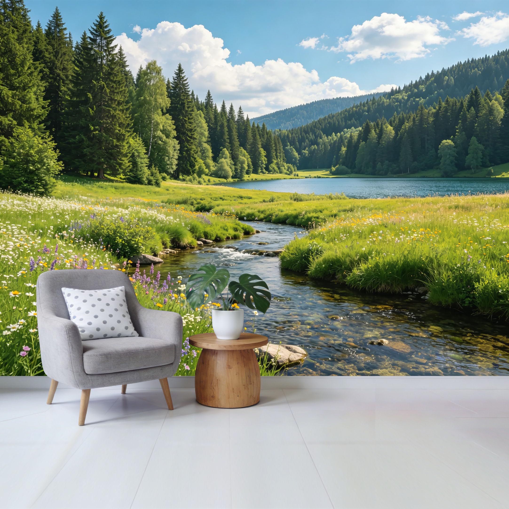 Qzlithotic Yq2605250155 Custom Size Wall Mural Alpine Lake Stream Wildflower Meadow Mountain Forest Landscape Selfadhesive Wall Fabric Removable Wallpaper For Home Office Decor