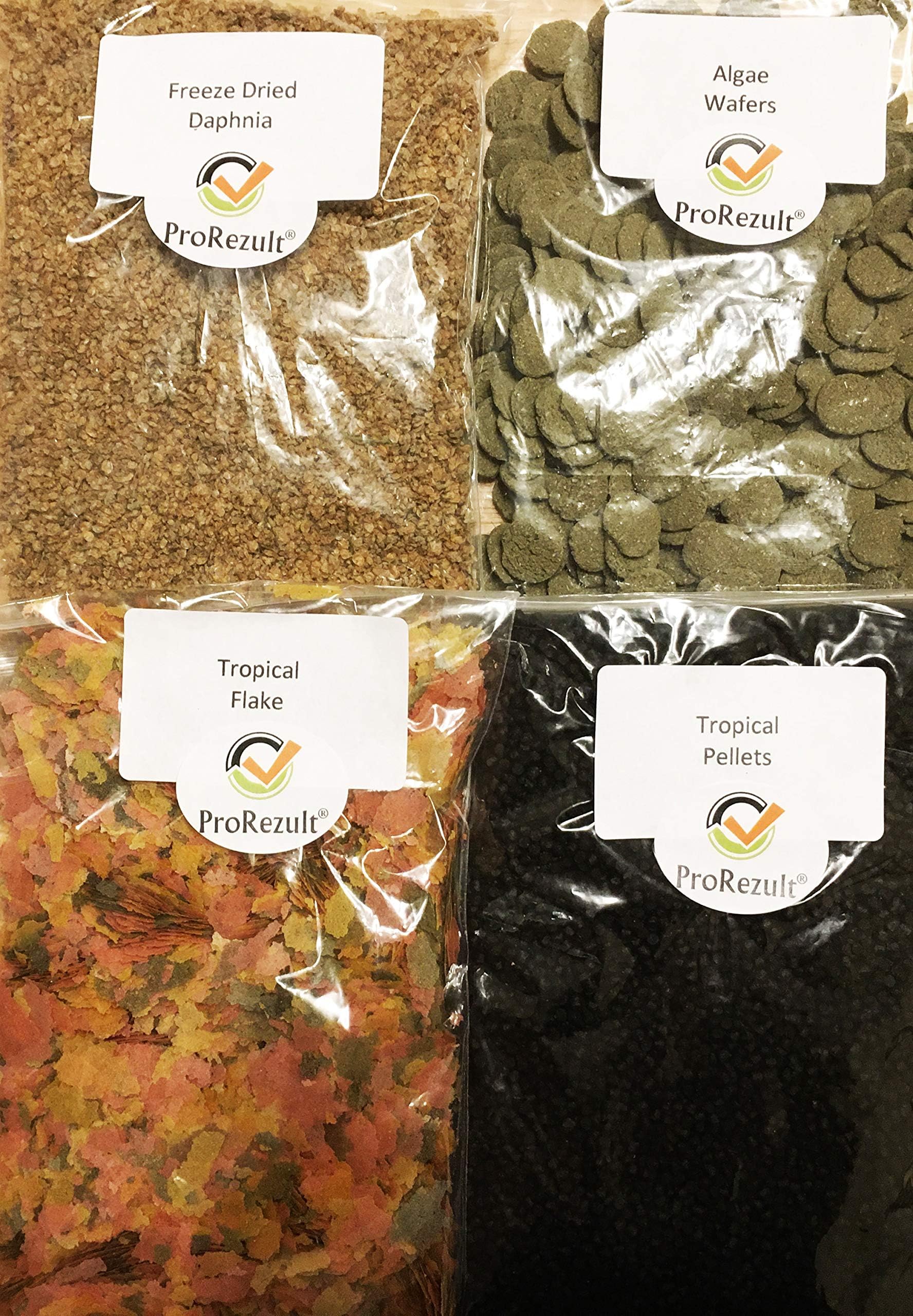 Tropical Fish Food 4 Packs, Flake, Pellets/Granules, Algae Wafers/Tablets with Spirulina, Dried Daphnia