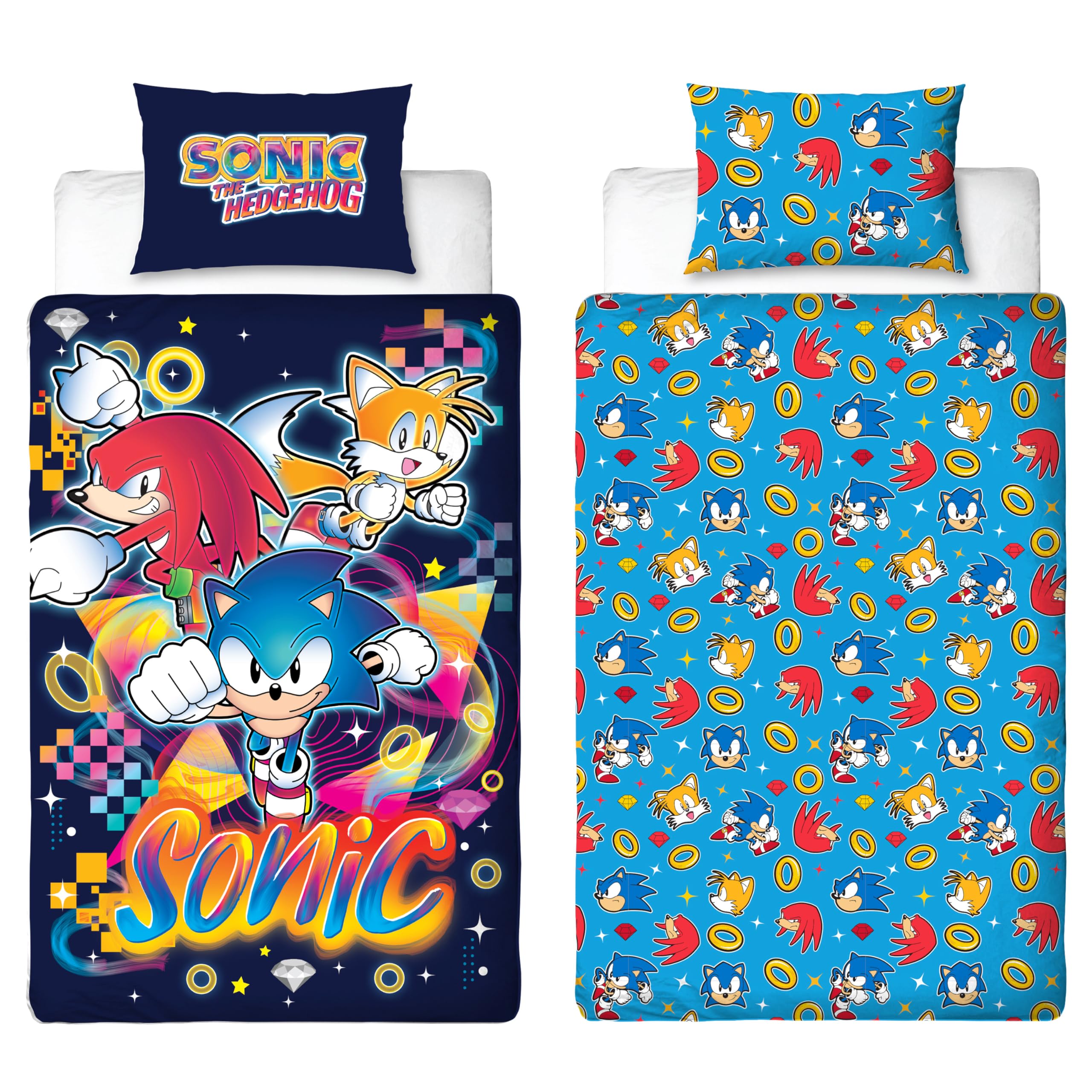 Officially Licensed Sonic the Hedgehog Design Gaming Single Duvet Cover Set | Reversible 2 Sided Bedding with Tails and Knuckles Including Matching Pillow Case | Perfect For Kids Bedroom