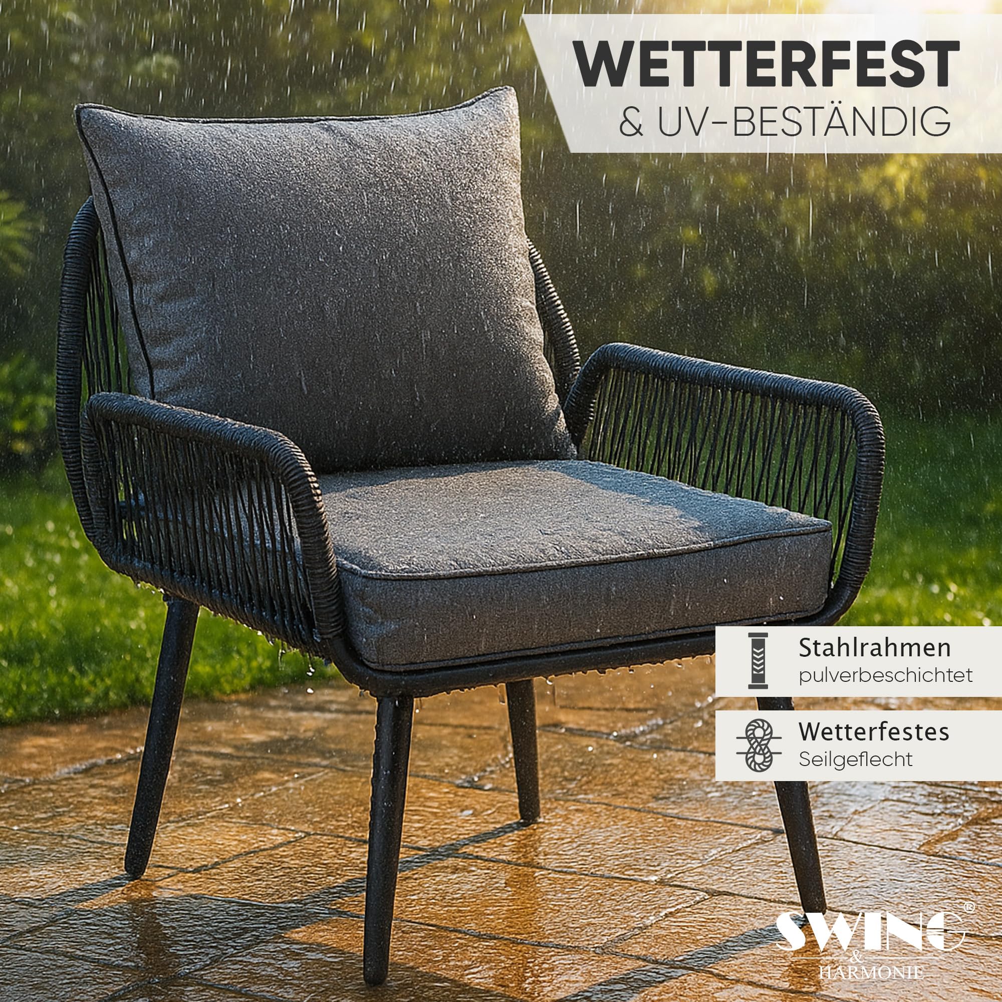 Swing&Harmonie® Gartenmöbel Lounge-Set „Sienna“ – Sitzgruppe mit Tisch, Sofa, Sesseln & Stühlen – wetterfest – Seilgeflecht – WPC-Tischplatte – Outdoor Essgruppe (anthrazit/Holz, 6 Personen XL)