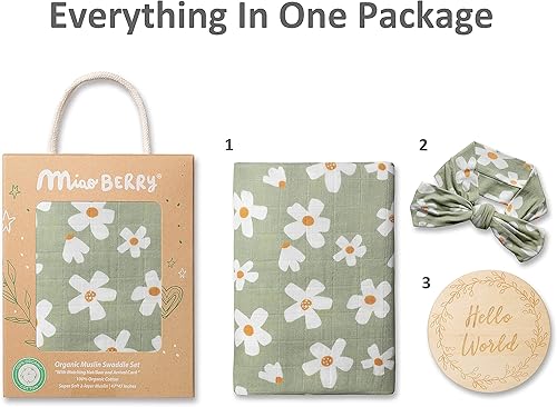 Miniatura 3 de Miaoberry Daisy Garden - Juego de arrullos de muselina floral de primavera para bebé niña  Manta de algodón 100% orgánico con lazo a juego  Bohemio