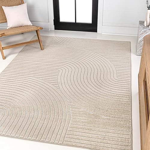 JONATHAN Y SCN100D-4 Hallie High-Low Minimalist Curve Geometric Beige/Cream 4 ft. x 6 ft. Indoor/Outdoor Area Rug for Patio, Backyard, Living Room, Bedroom, Office, Hose-Washable