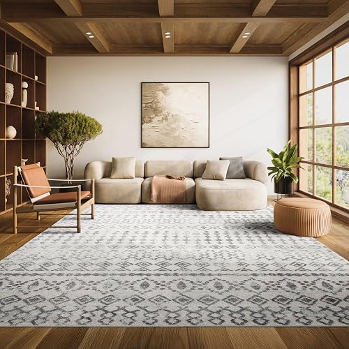 SAFAVIEH Area Rug 9x12 - Tulum Collection - Large - Ivory & Grey, Moroccan Boho Distressed Design, Non-Shedding & Easy to Clean, Ideal for Living Room, Bedroom, Dining Space (TUL240A)