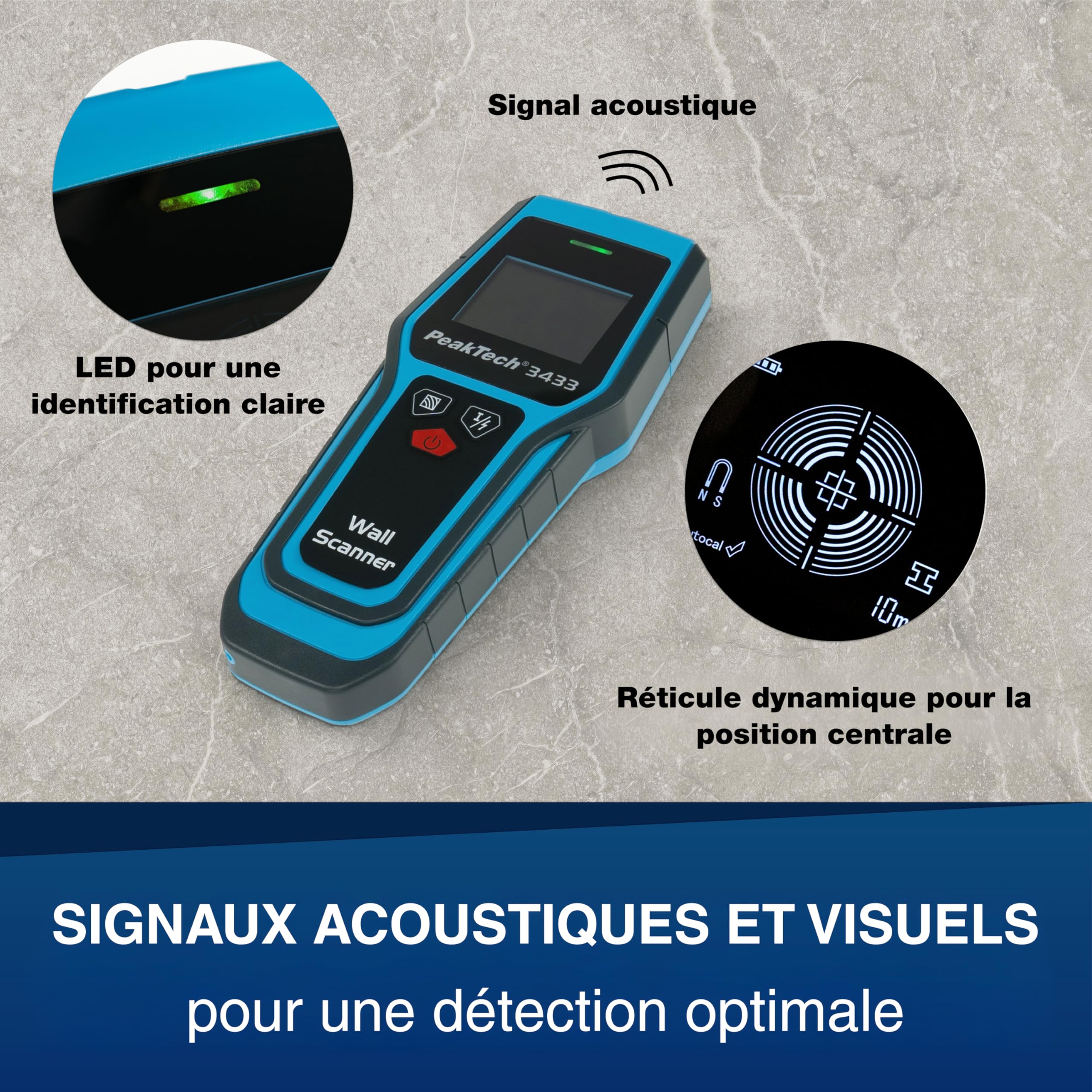 PeakTech 3433 - Scanner Mural numérique, localisateur numérique, détecteur de Montants, Profondeur de détection 20-120 mm, détecteur de Lignes, détection de métaux, Dispositif d'arrêt Automatique