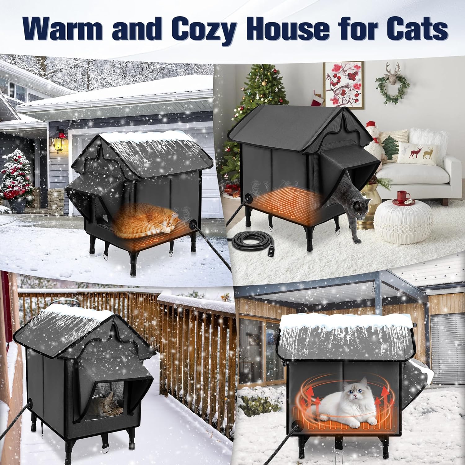 Newget Heated Cat House for Outside, Winter Insulated Cats House with Heated Pad, Waterproof Weatherproof Cat Shelter for Outdoor Indoor Cats, Cozy Elevated Feral Cat House Bed Gray 24.4x23.2x19.8 in