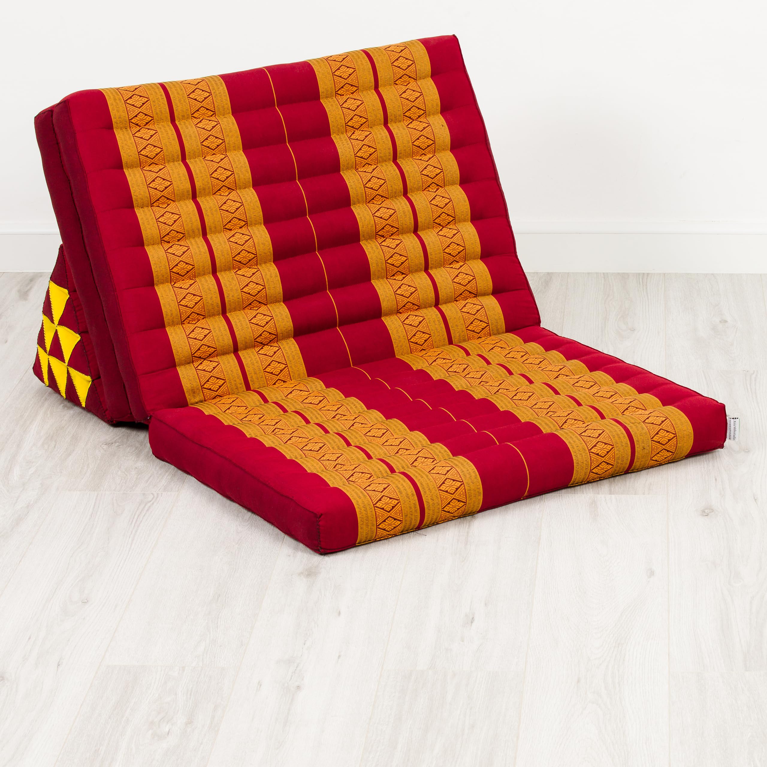 livasia Thaikissen 3 Auflagen für Paare XXL - 190x80x8cm - Dreieckskissen Klappmatratze, extrabreit Kapok, Rückenkissen faltbar, Thaimatte zum Klappen, Meditationskissen (Rot/Gelb)