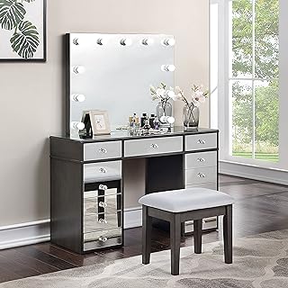 Grey Vanity Set with Usbs Glam Modern Contemporary Glass Wood Finish Mirrored Power Outlet USB Port