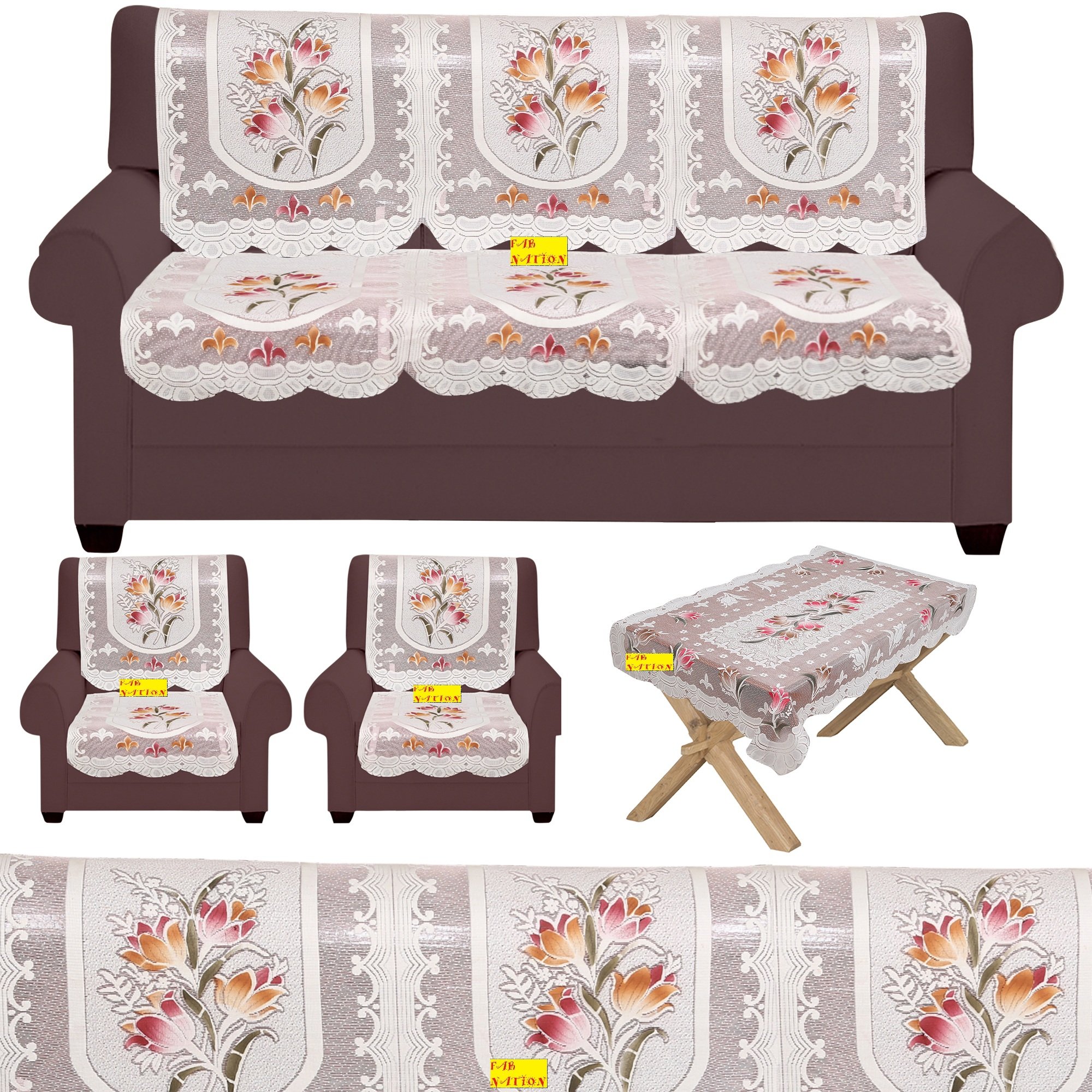 Fab Nation 10 Sofa Covers for 5 Seater Sofa Set- Net Sofa Covers Set with Center Table Cover - Multicolor