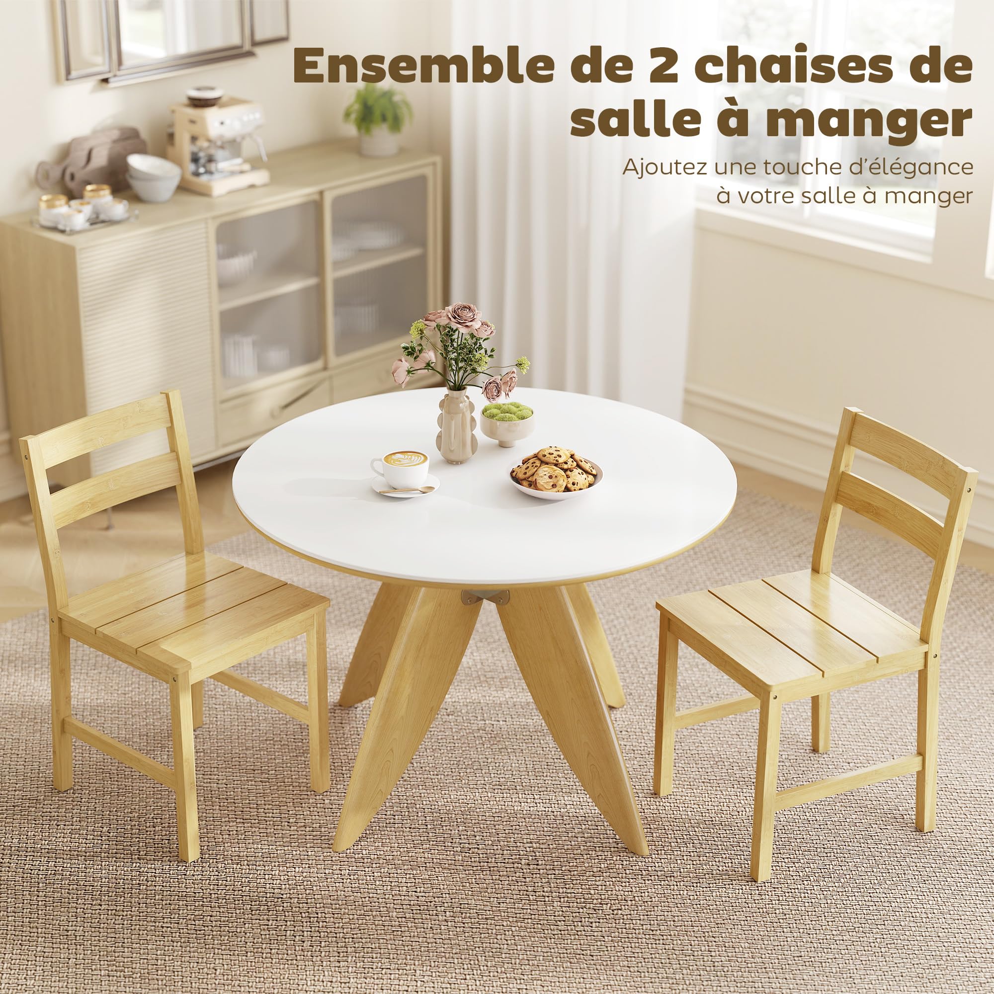 HOMCOM Lot de 2 chaises de Salle à Manger en Bambou, chaises de Cuisine sans accoudoirs avec Assise à Lattes et Dossier incurvé, pour Salon, Maison, Effet Bois Naturel