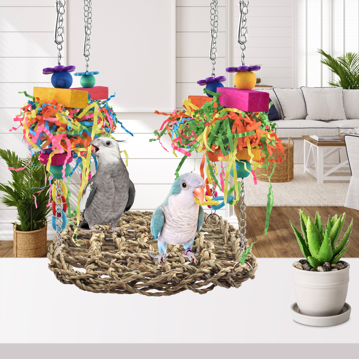 KATUMO Conure Toys, Bird Grass Swing Mat Parrot Climbing Hammock with Colorful Toys for Parakeet, Cockatiel, Sun Conure, Lovebird, Budgie, Small Birds - image 8