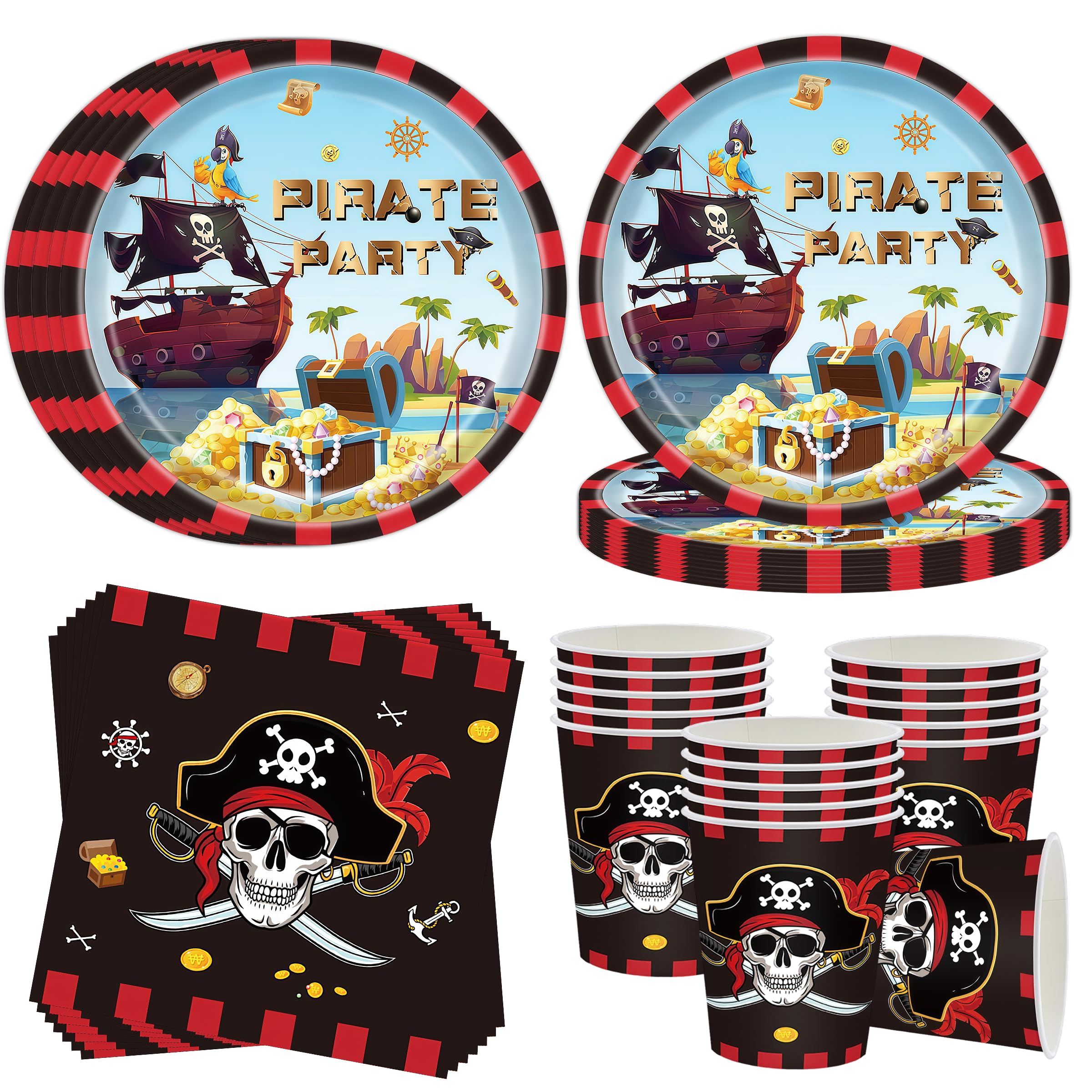 Piraten Partygeschirr für 16 Gäste,52 Stück Piratenschiff geburtstag Pappteller Set,Pirate Partygeschirr Deko,Piraten Pappteller Servietten Becher,Pirate Party geschirr für Junge Kindergeburtstag