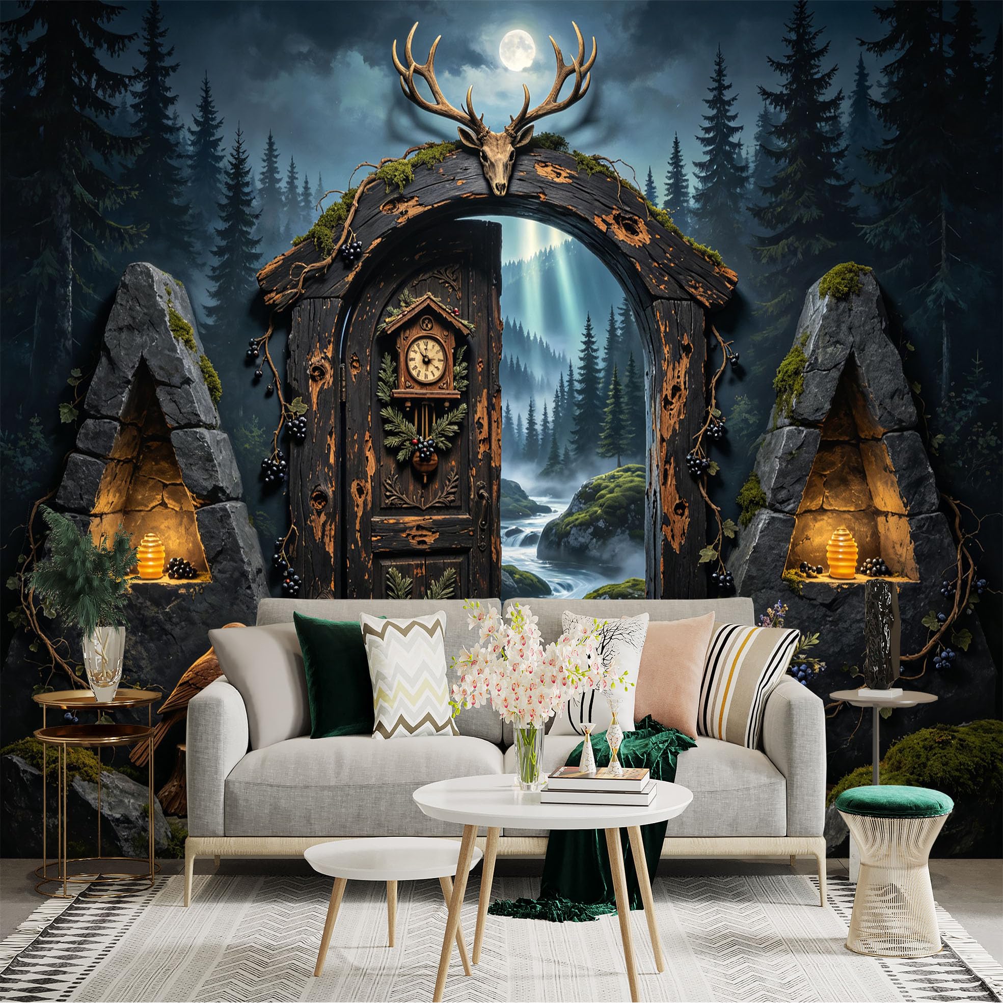 Custom Size Wall Sticker Mural， Rustic Forest Door with Deer Skull， Moonlit River and Pine Trees， for wall Decoration， peelandstick wall Decals.