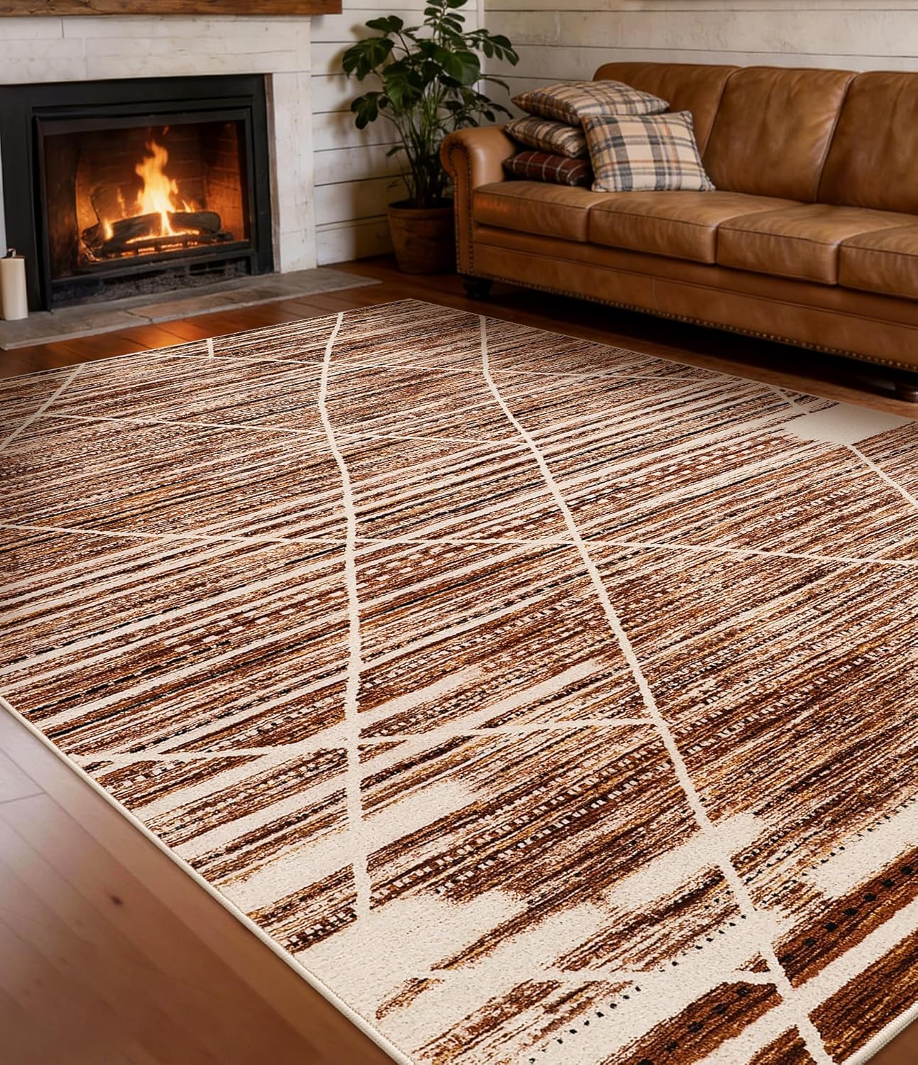 YIHOUSE 8x10 Western Rug for Living Room,Non Slip Village Brown Rugs, Easy Clearning Low Pile Large Carpet for Bedroom, Dining Room, Kids Playroom, Office