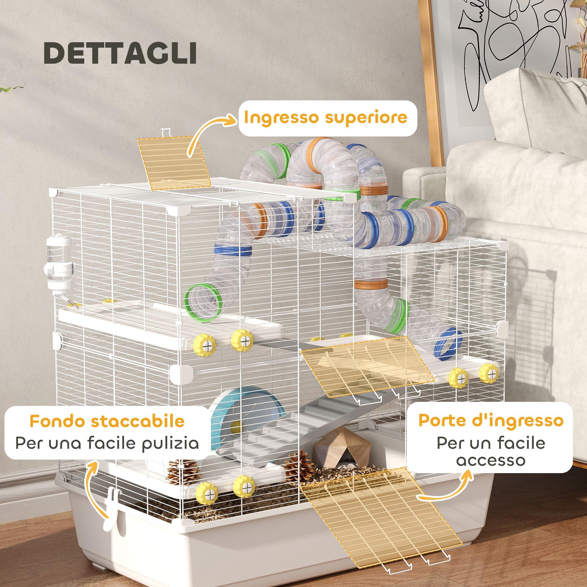 PawHut Gabbia per Criceti 78x45x73 cm 4 Livelli Ruota Silenziosa Bianco | con Tubi, 3 Porte, Vassoio, Gabbietta per Criceti, Metallo, PP e PS