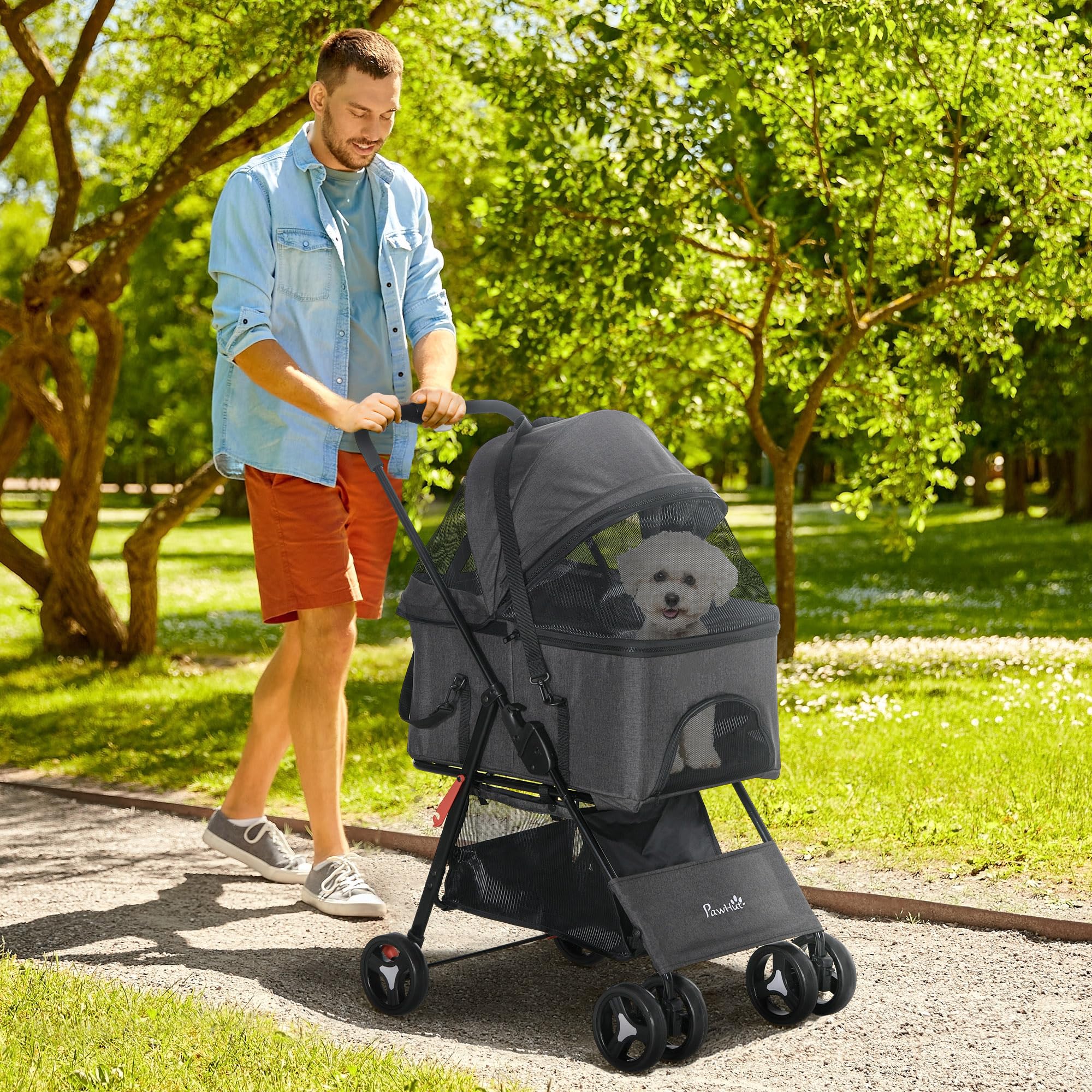 PawHut Passeggino per Cani 3 in 1, Cesta Rimovibile e Trasportino, Passeggino per Animali con Guinzaglio, Cuscino, Cestino e Tettuccio, Grigio