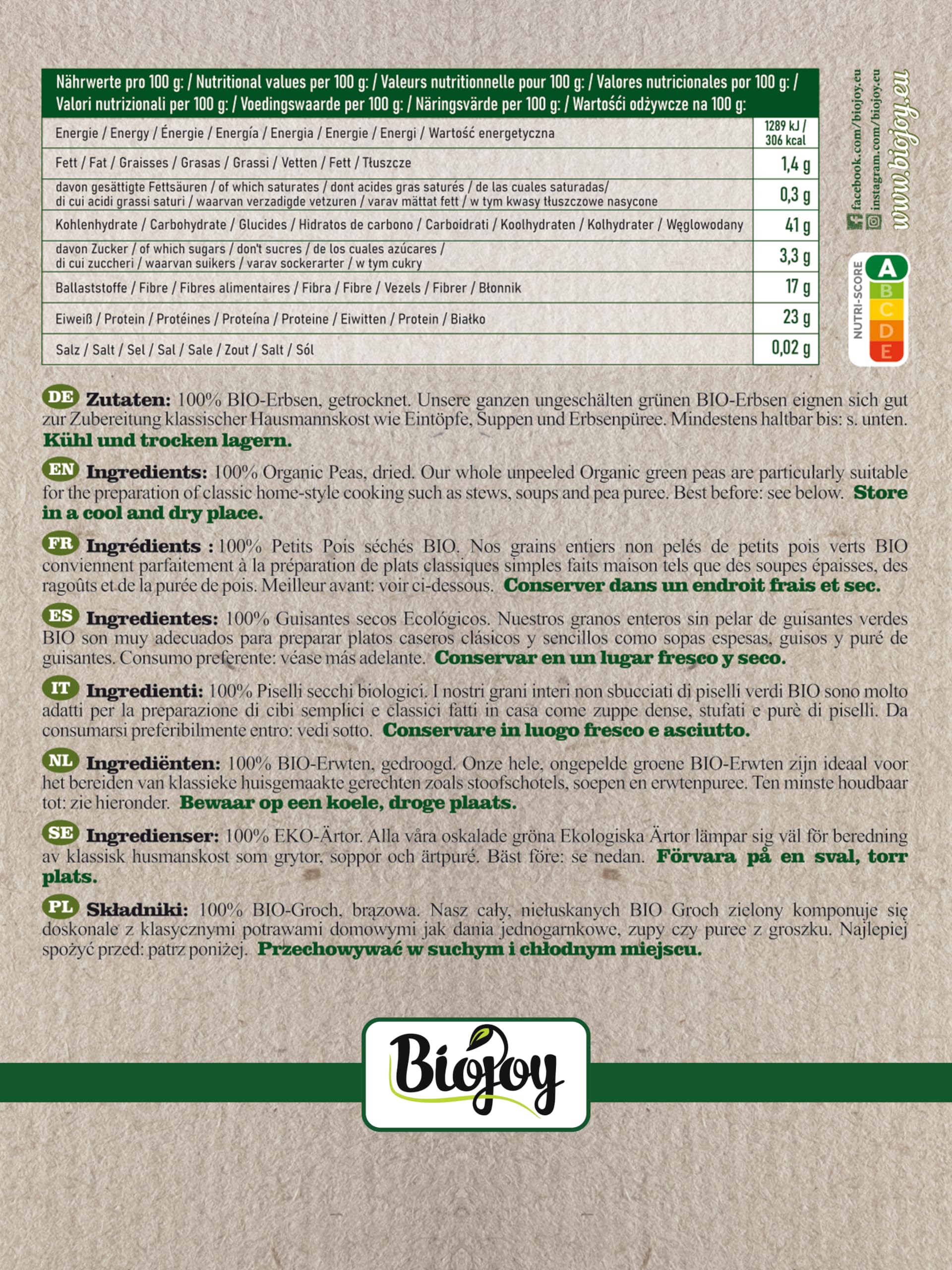 Biojoy Guisantes secos BÍO (1,5 kg), verdes y enteros, sin aditivos