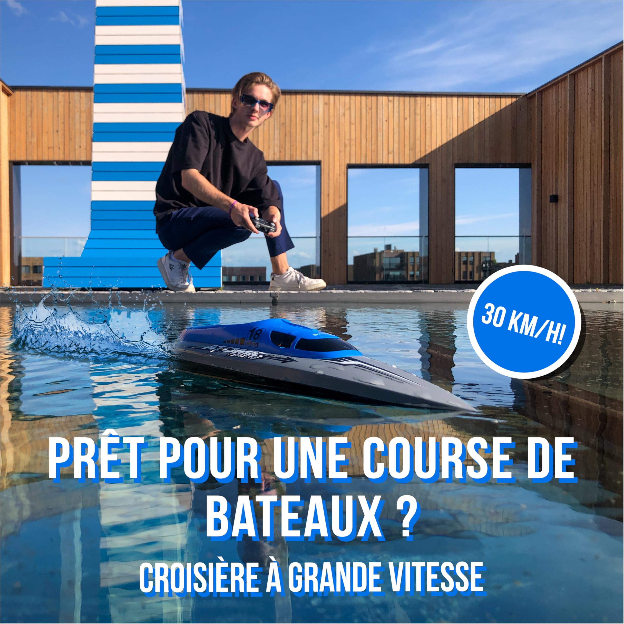 Silvergear® Bateau Télécommandé à Grande Vitesse 30Km/h et 2.4GHz | Anti-basculement pour Enfants et Adultes | RC Electrique