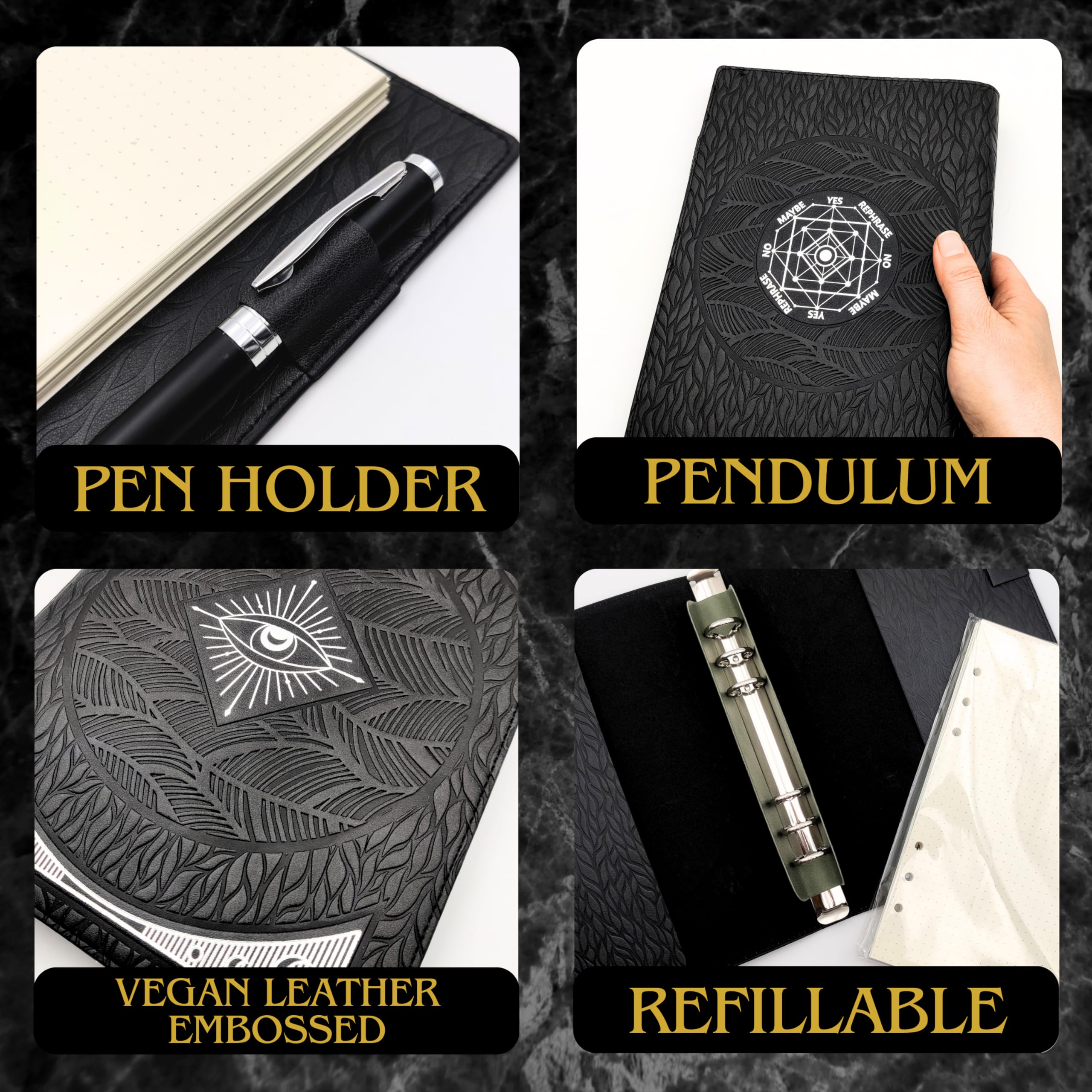 La Muci Diario de cuero vegano en relieve negro con péndulo, cuaderno vintage A5 recargable, 60 páginas de puntos, bolsillo, tarot y diario de viaje para mujeres y hombres, cuaderno con soporte para