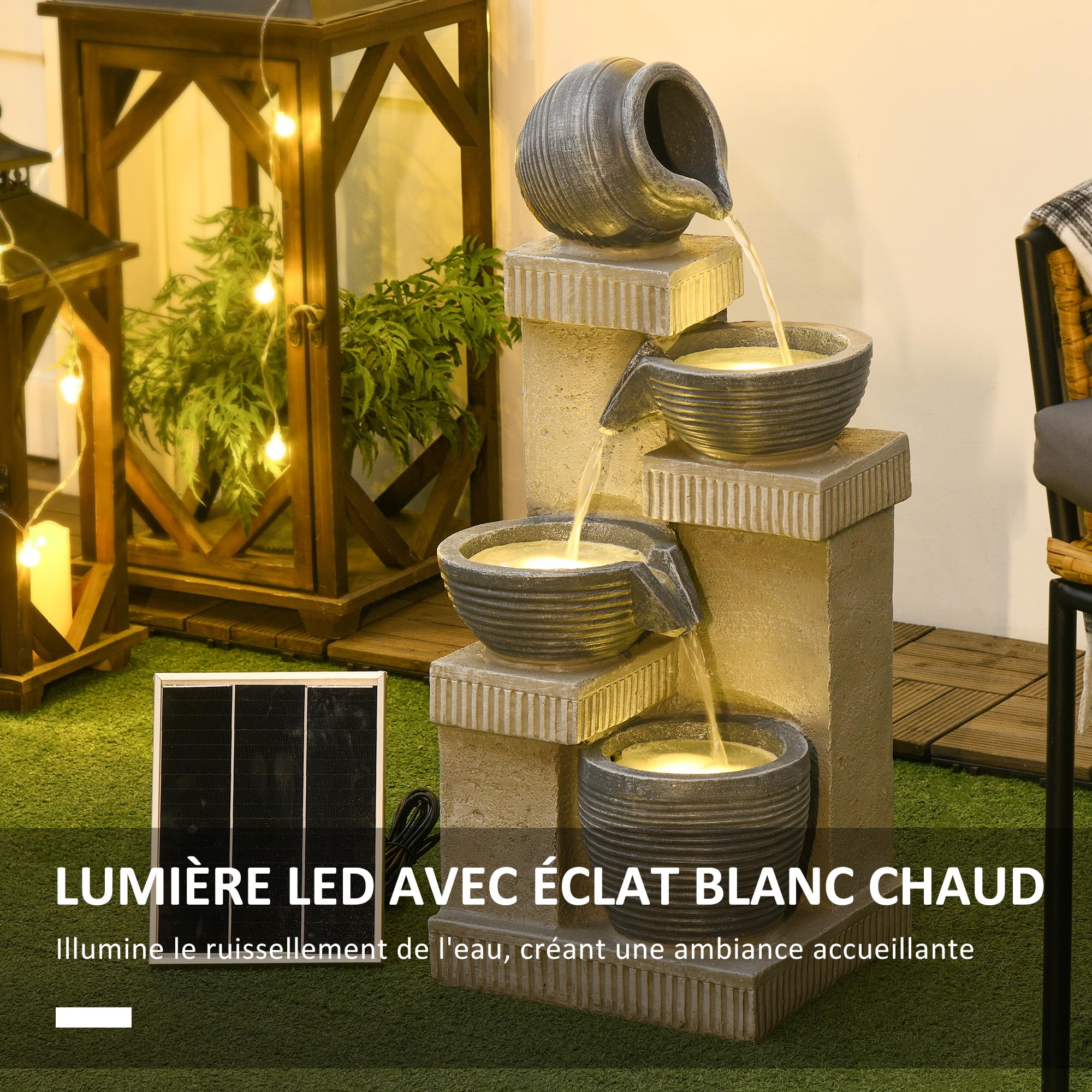 Outsunny - Fuente de jardín con energía solar para cascada de resina de 4 niveles con luces LED y bomba dim. 30 x 26 x 67 cm, color gris