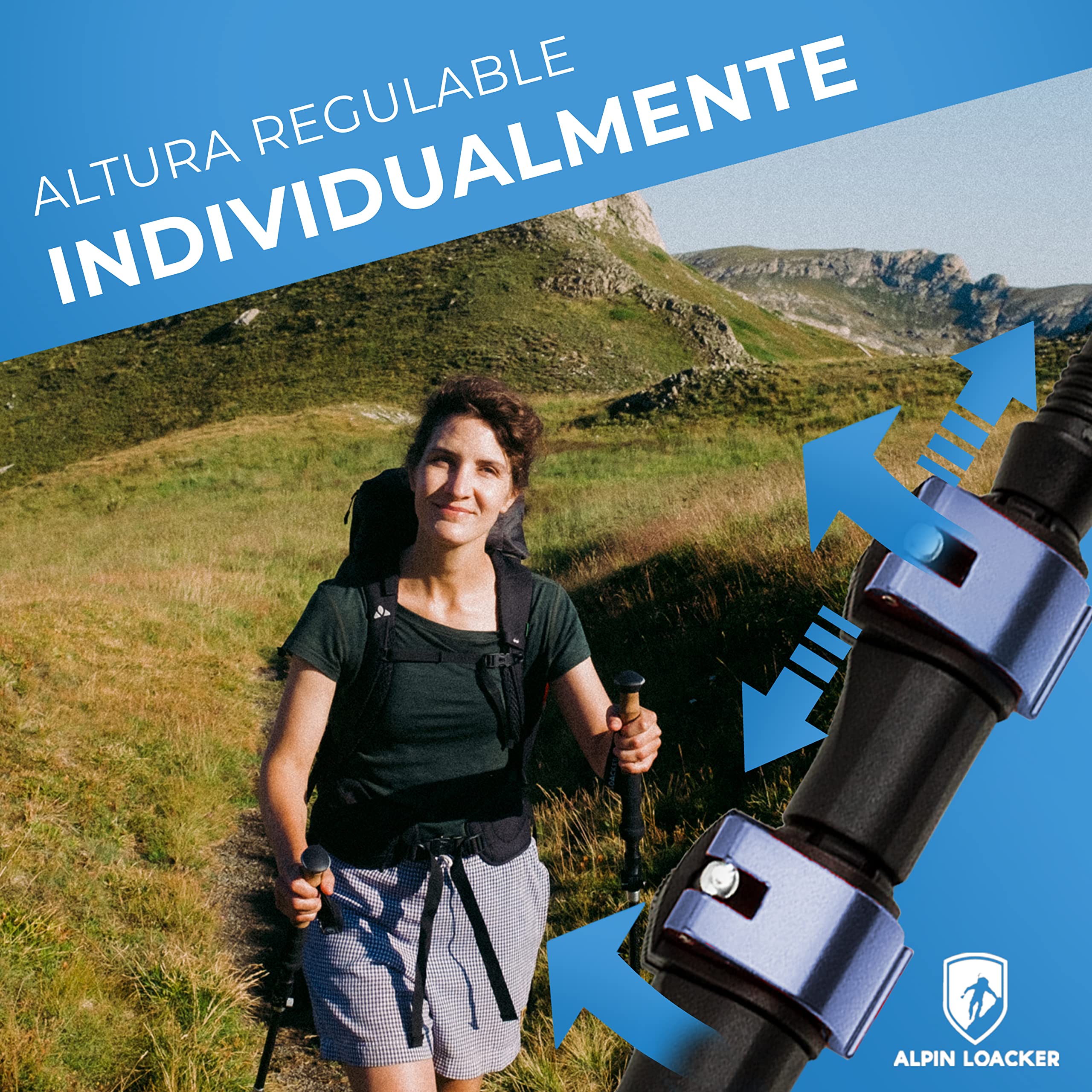 ALPIN LOACKER Bastones Trekking Telescopicos, Aluminio Ligero + Accesorios + Bolso | Palos Senderismo Extensible Altura Regulable: Poles Montaña, Nordic Walking, Trail Running Asfalto
