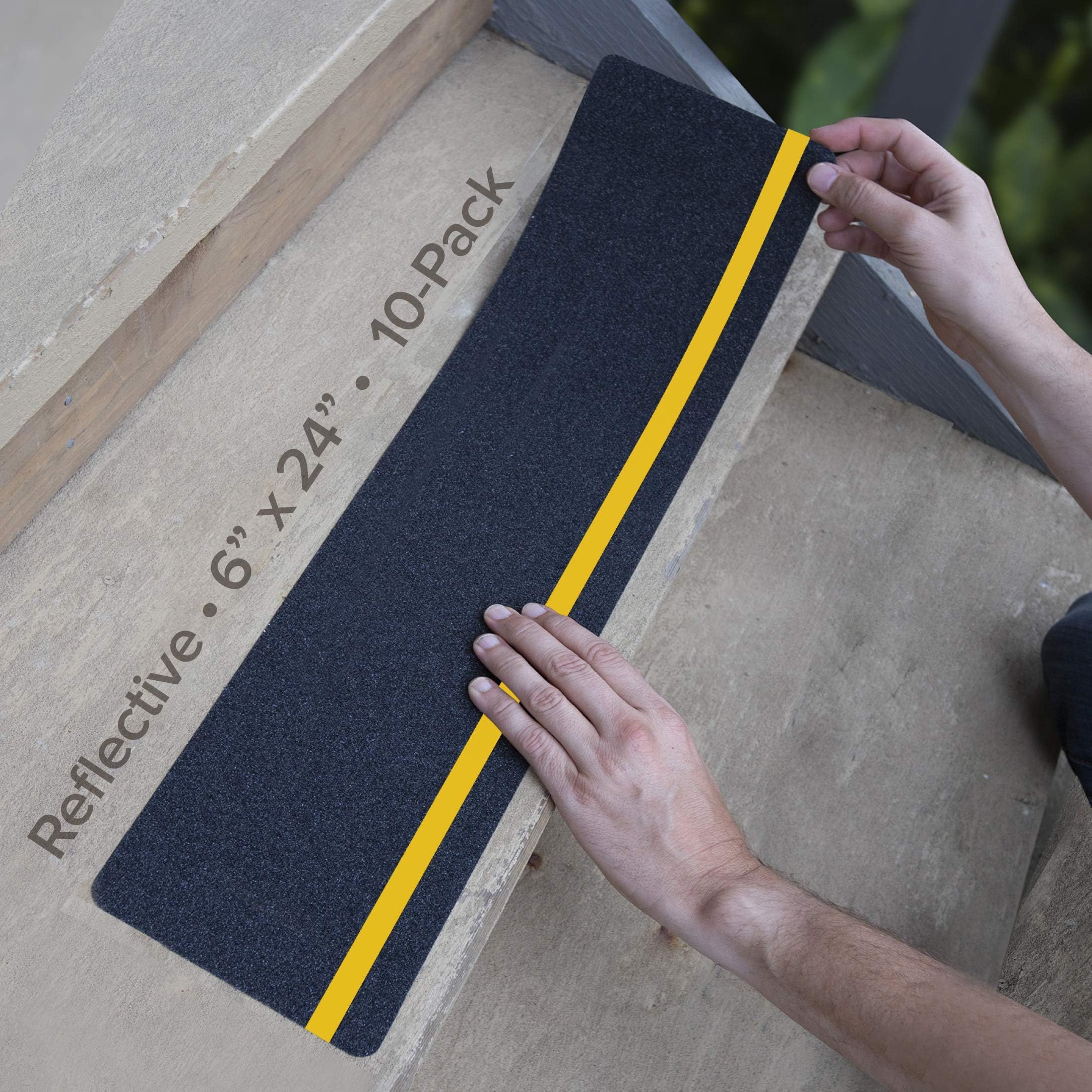 LifeGrip Anti Slip Traction Treads with Reflective Stripe (10-Pack), 6" X 24", Best Grip Tape Grit Non Slip, Outdoor Non Skid Tape, High Traction Friction Abrasive Adhesive for Stairs Step, Black