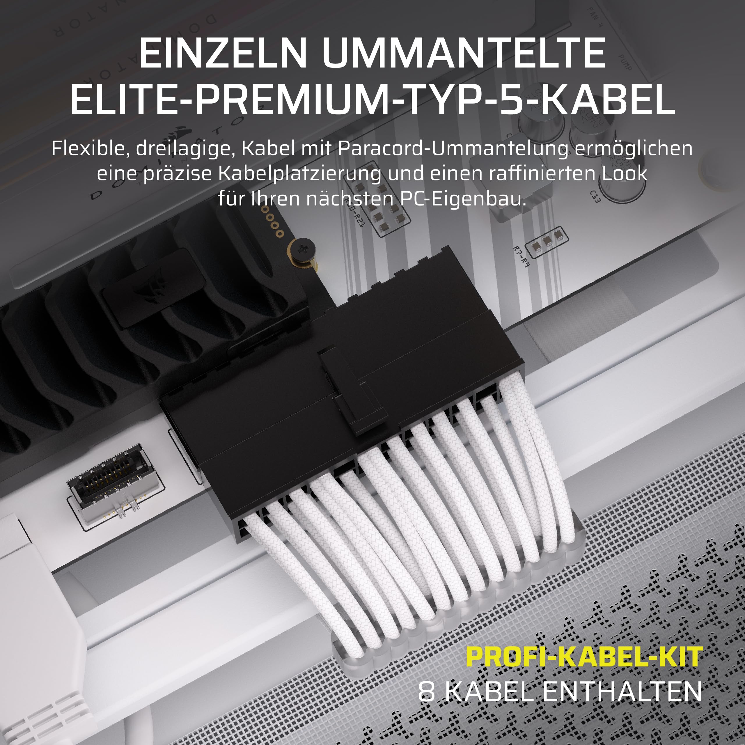 Corsair Elite Premium Pro-Kit mit Einzeln Ummantelten Typ 5-Netzteilkabeln – Flache Kabelkämme, Dreilagiges Mesh-Paracord-Design, Kompatibel Netzteilen mit Typ-5-Kabeln – Weiß