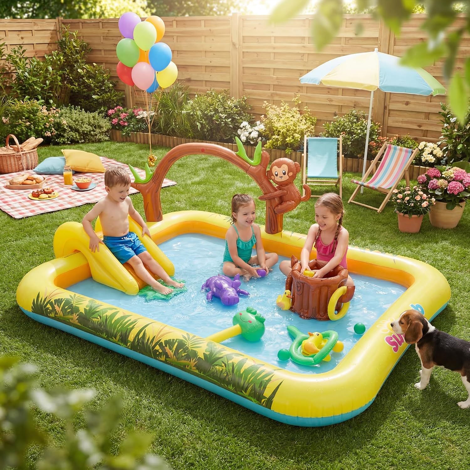 GLACER Kiddie Pool with Slide, Inflatable Play Pool Center with Water Slide, Arch Sprinkler&11 Jungle Animal Toys, Outdoor Toddler Splash Pad for Backyard, Garden and Poolside