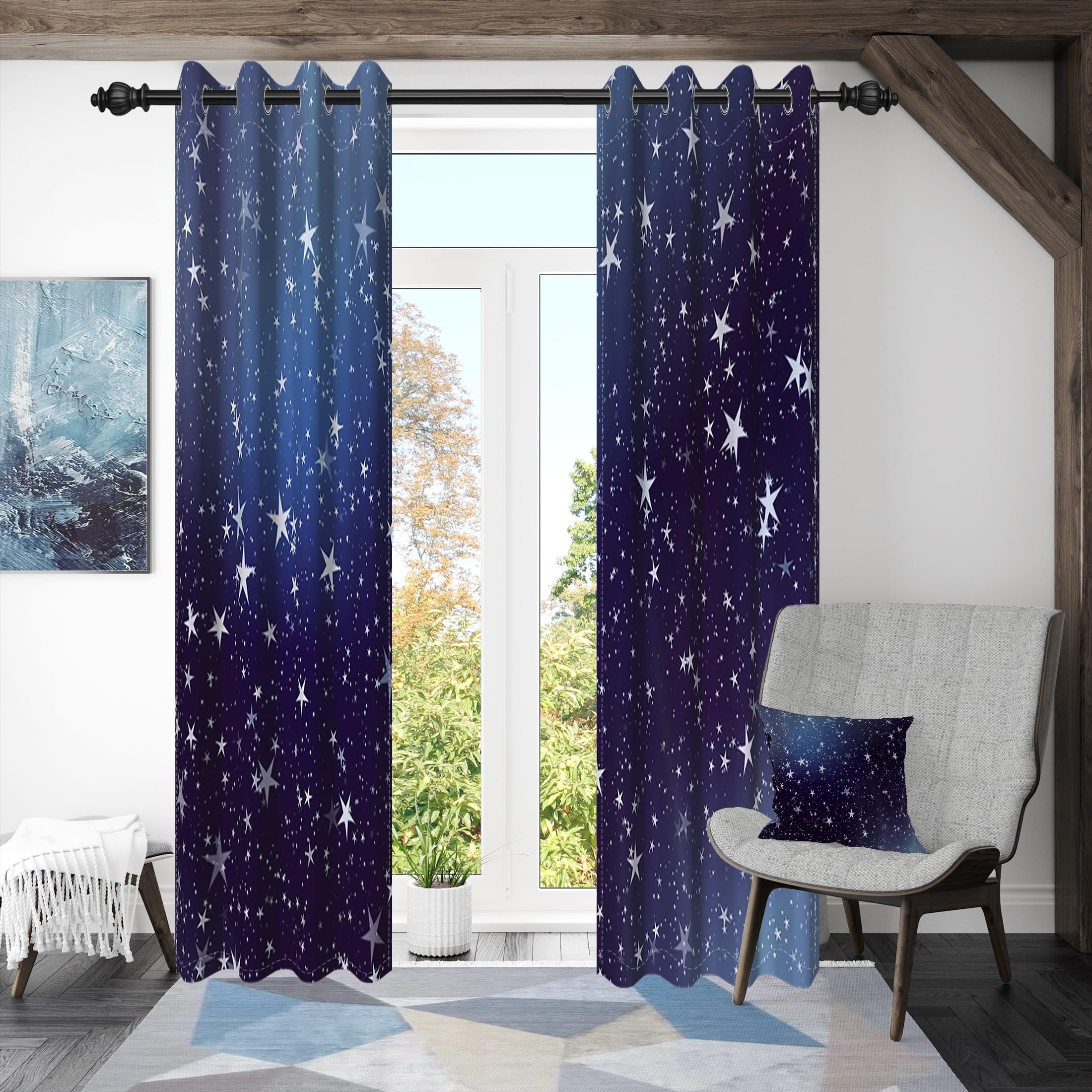 107x215cm Rideau à œillets pour chambre d'enfant Étoile brillante Ciel bleu Pentacle Impression d'art Séparateurs de pièces Rideaux de fenêtre pour Garçons filles Salle de jeux Salon,2 panneau
