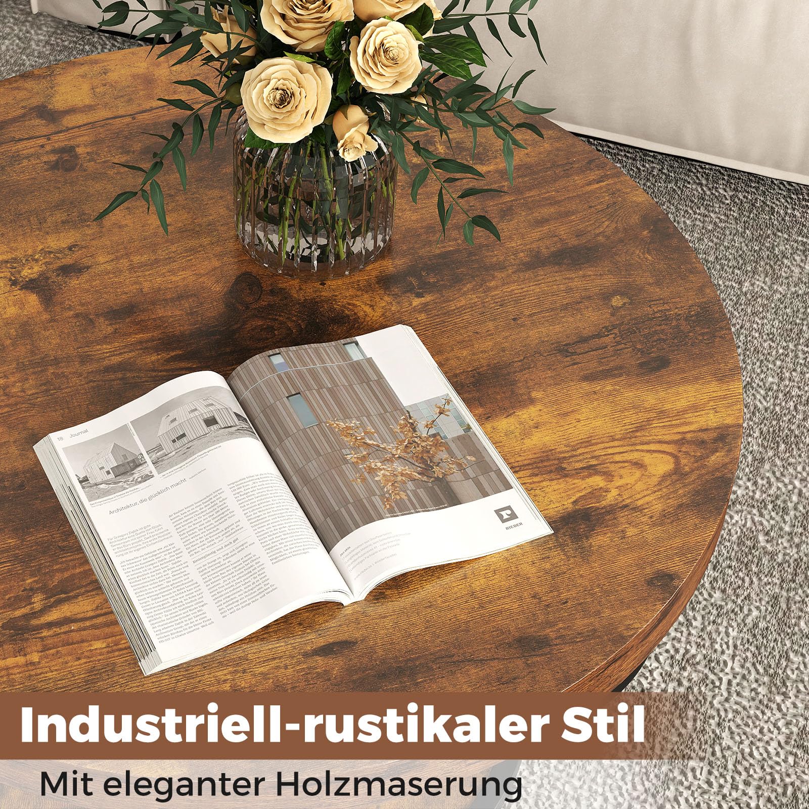 COSTWAY Couchtisch rund, Sofatisch Holz mit 2 Ebenen & Metallrahmen, Wohnzimmertisch Kafeetisch 80 cm D für Wohnzimmer, Empfangsraum, Büro (Rustikales Braun)