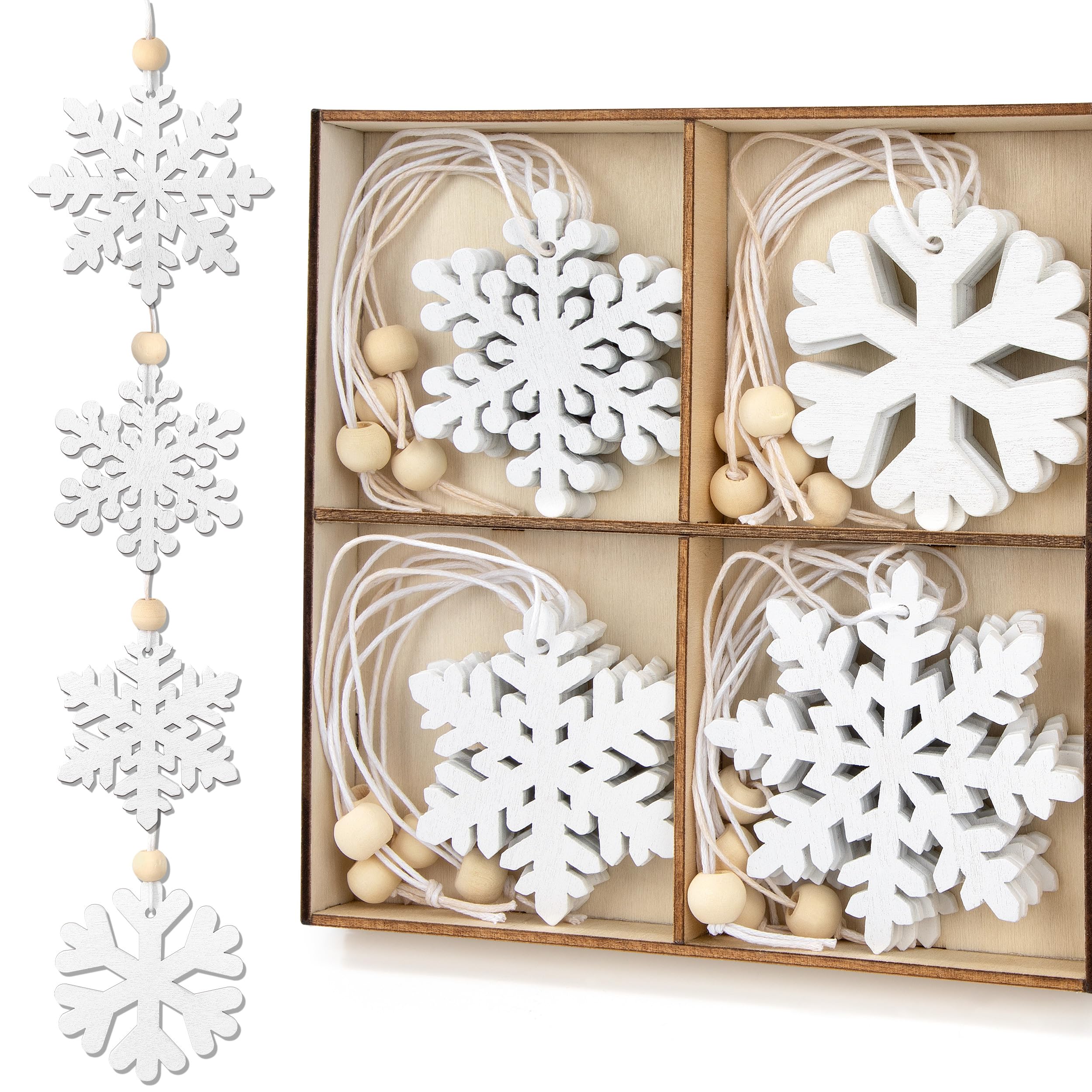 Copos de Nieve de Madera de Navidad, 24 Piezas Adornos Árbol de Navidad de Madera, Navidad Colgantes Rodajas con Cuerda de Yute, Retro Fiesta Decoración Manualidades