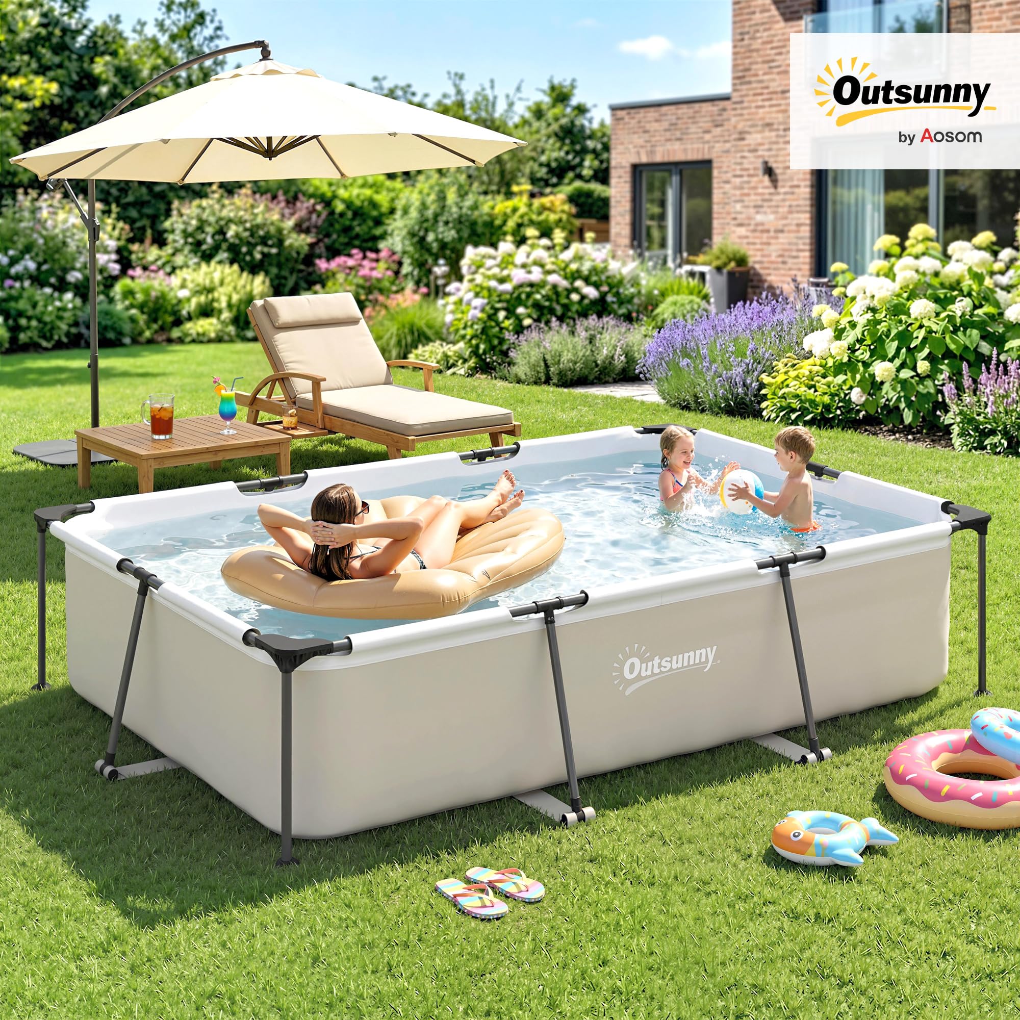 Outsunny Piscine Tubulaire Rectangulaire - 316x238x66,5cm avec Pompe de Filtration - Piscine Hors Sol Famille 3701L en PVC Triple Couche, Structure Stable Antirouille, Gris