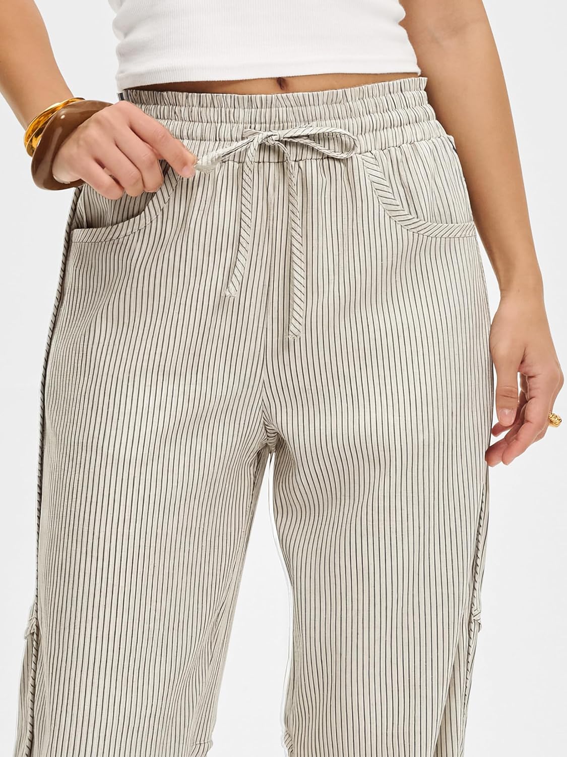 ANRABESS Womens Striped Barrel Casual Pants 2026 Trendy Summer Elastic Drawstring Baggy Lounge Wide Leg Trousers with Pockets - Image 5