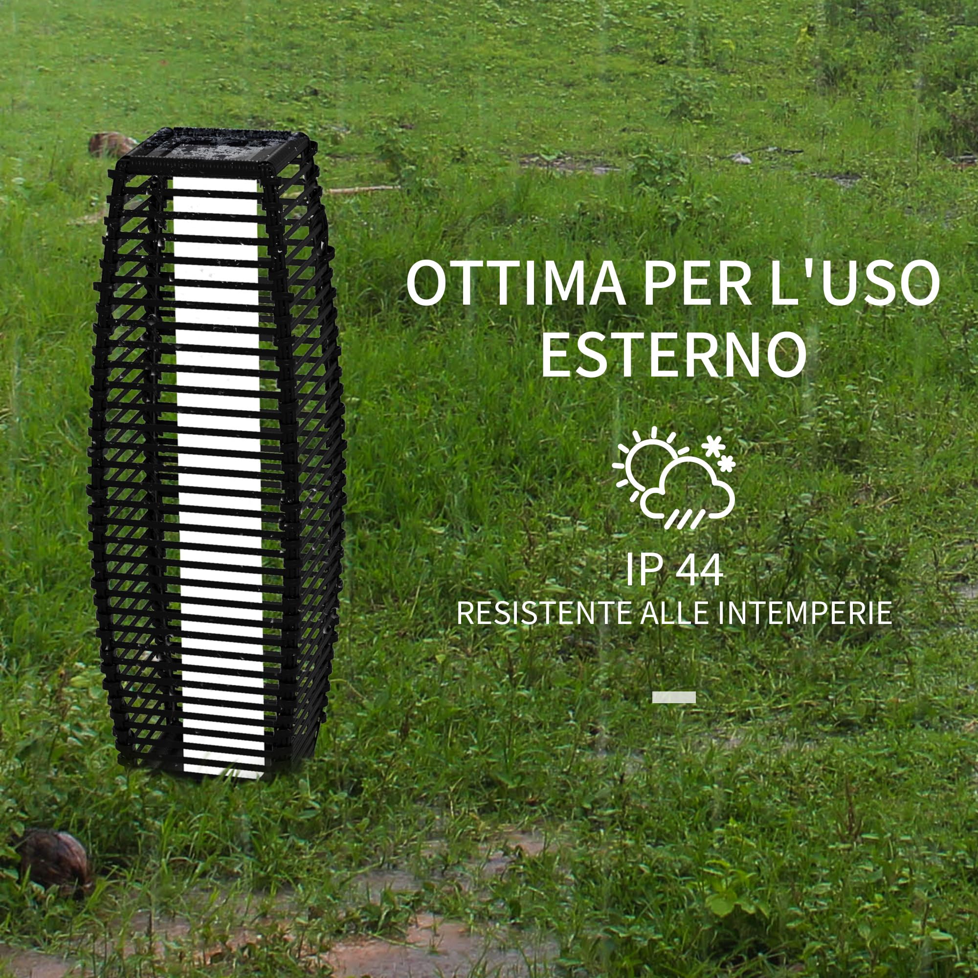 Outsunny Lampada Solare da Giardino Acciaio Rattan 20x20x68 cm Nero | Con Pannello di Ricarica