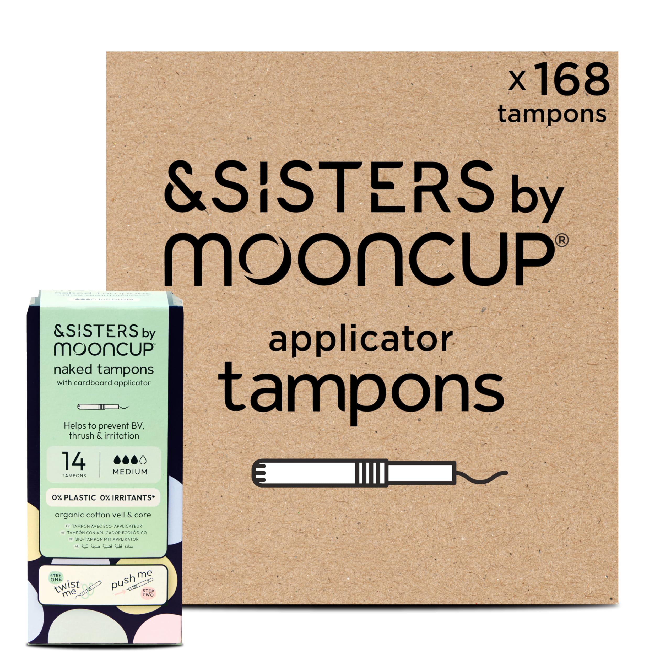 &SISTERS® Mooncup Tampony z aplikatorem Medium/Super Plus Flow, z aplikatorem tekturowym, welon i rdzeń z bawełny organicznej, 168 tamponów