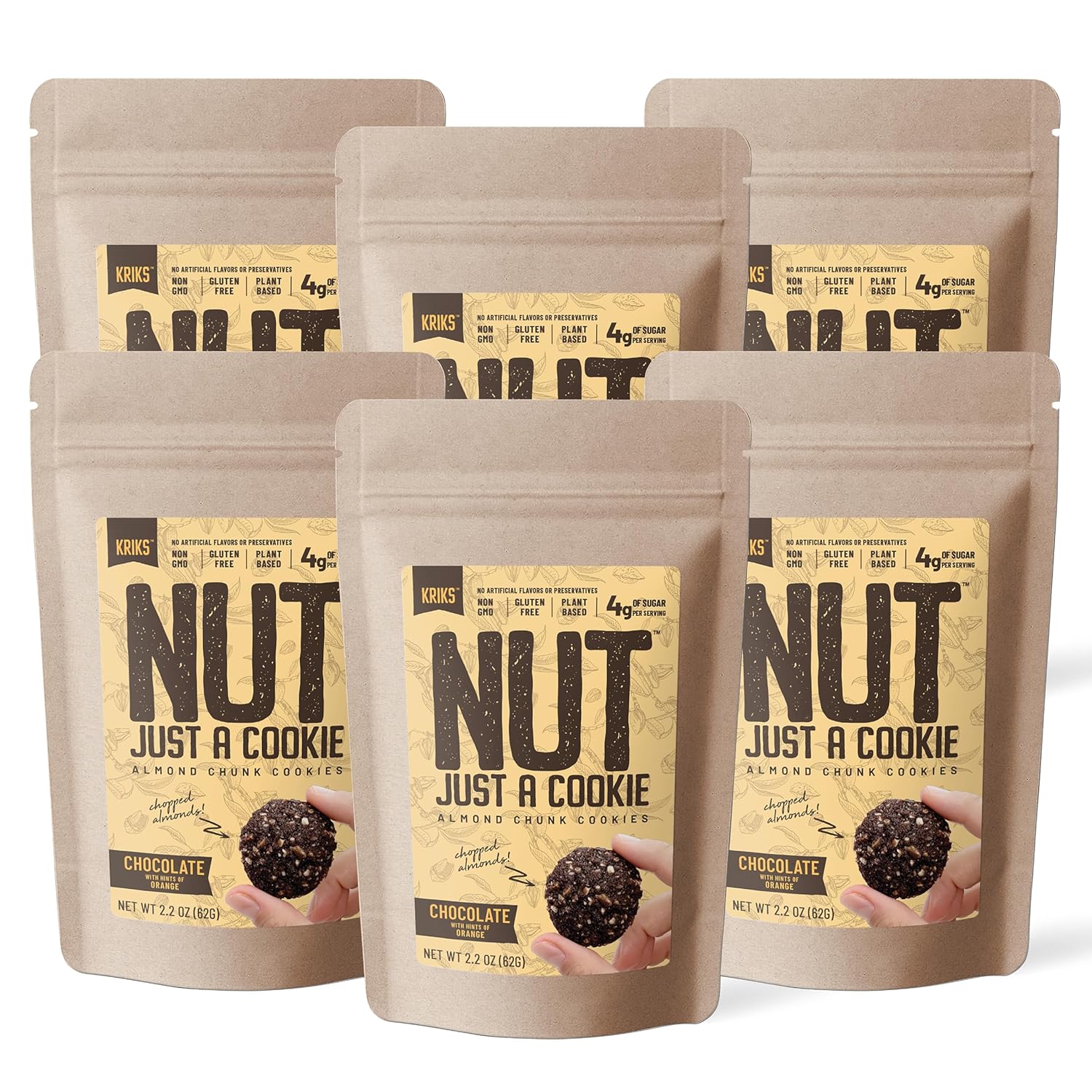 Nut Just a Cookie – Crunchy Almond Chunk Cookies, Low Sugar, Gluten-Free, Vegan, Simple Ingredients – 6 Pack (Lemon, Cinnamon, Chocolate, Apple Pie, Vanilla Rose or Variety Pack) (Chocolate)