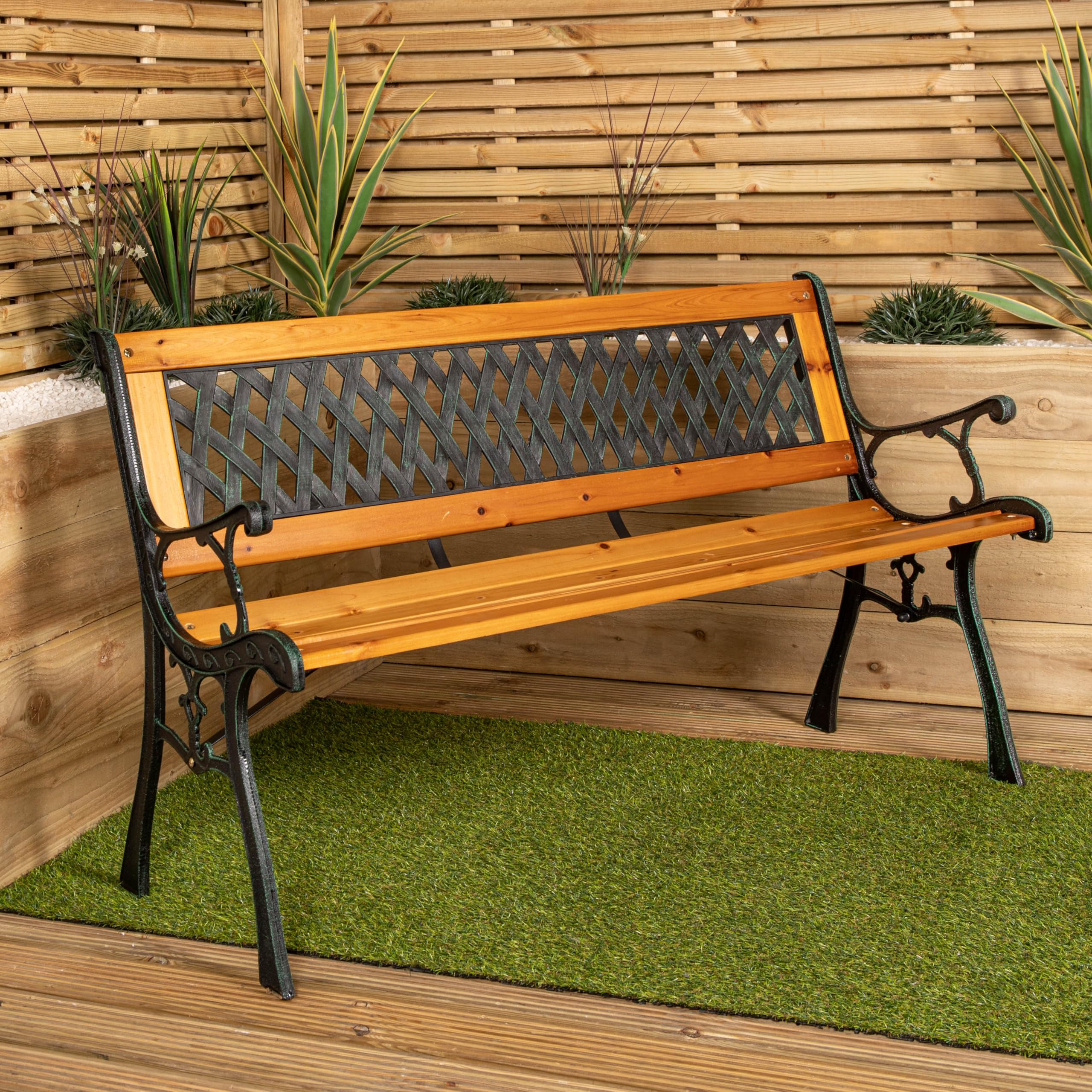 Samuel ALEXANDER 2 Seater Outdoor Wooden Cast Iron with Lattice Design Garden Patio Bench
