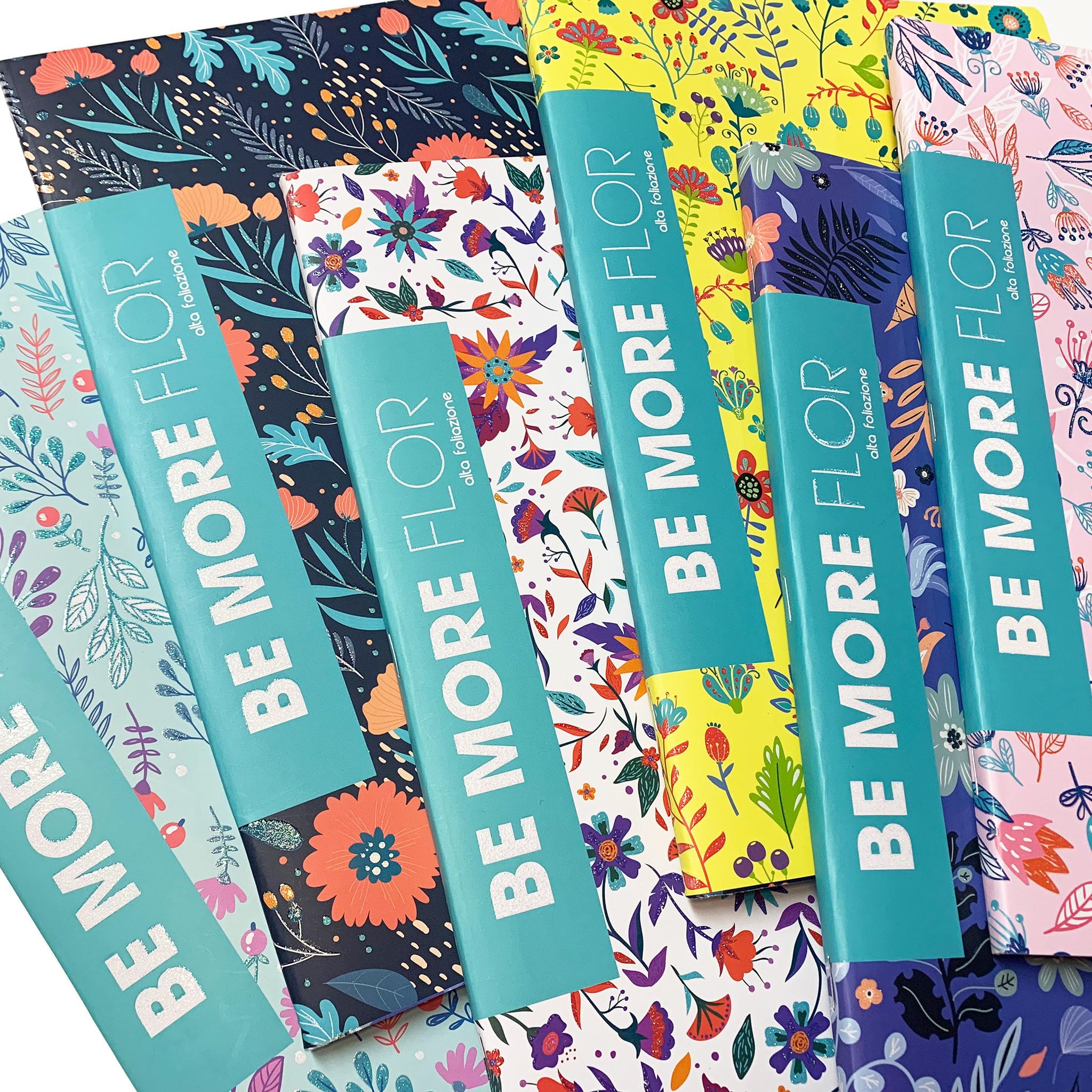 BM BeMore FLOR Maxi quaderni a quadretti 4mm in formato A4 senza margine – Set da 10 pezzi con copertine floreali con glitter – 96 pagine, carta da 100g, ideali per scuole medie e superiori
