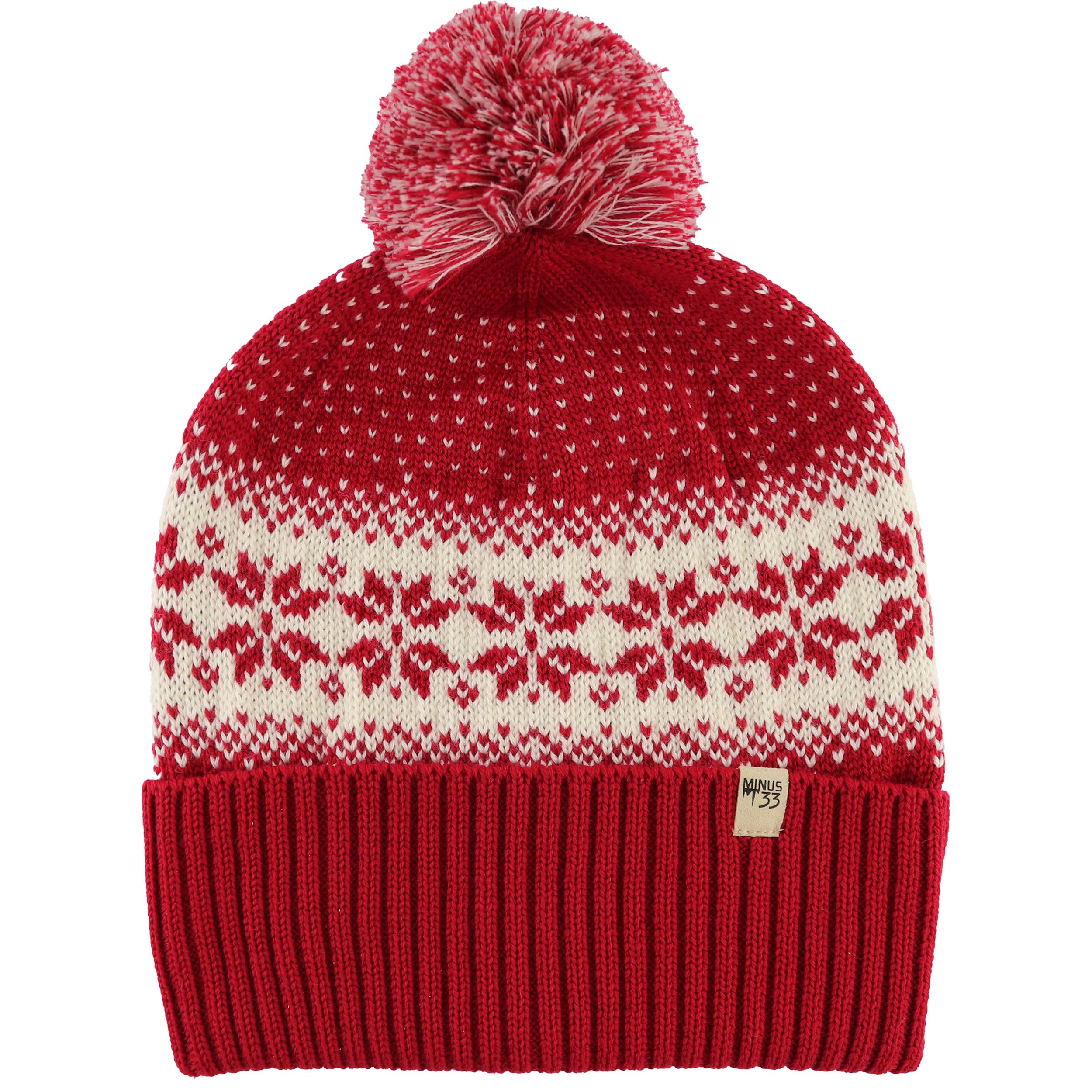 Minus33 Midweight Everyday Knit Cuff Pom Beanie - 100% Merino Wool - Winter Pom Pom Hat - True Red Natural Cream Snowflake - One Size