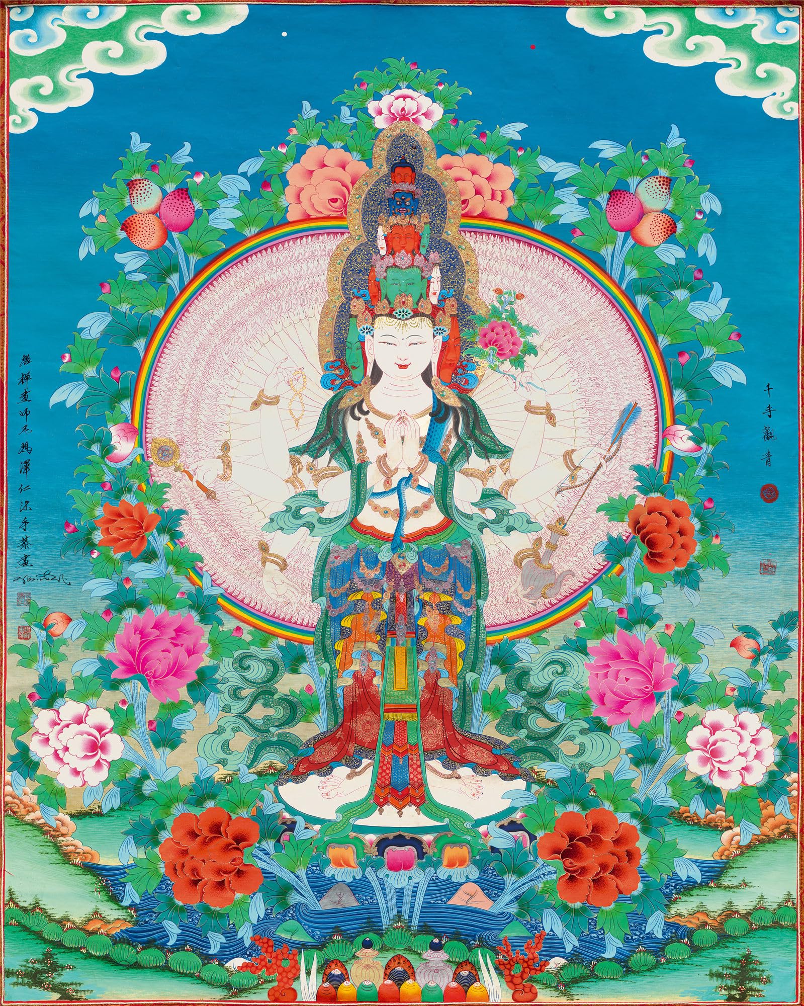 Gandhanra Tibetische Thangka-Kunst–Avalokiteshvara mit 1000 Armen Thangka–Hochauflösender Digital-Giclée-Druck und doppelt handgerahmt - Buddhistische Wandbehang-Tapisserie - 47" x 32"