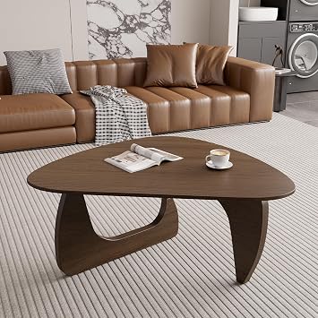 Modern Wood Coffee Table, Triangle Center Table with Premium Wooden Top& Unique Base, 42.5 Small Mid Century Tea Tables for Living Room, Apartment, Office,Walnut