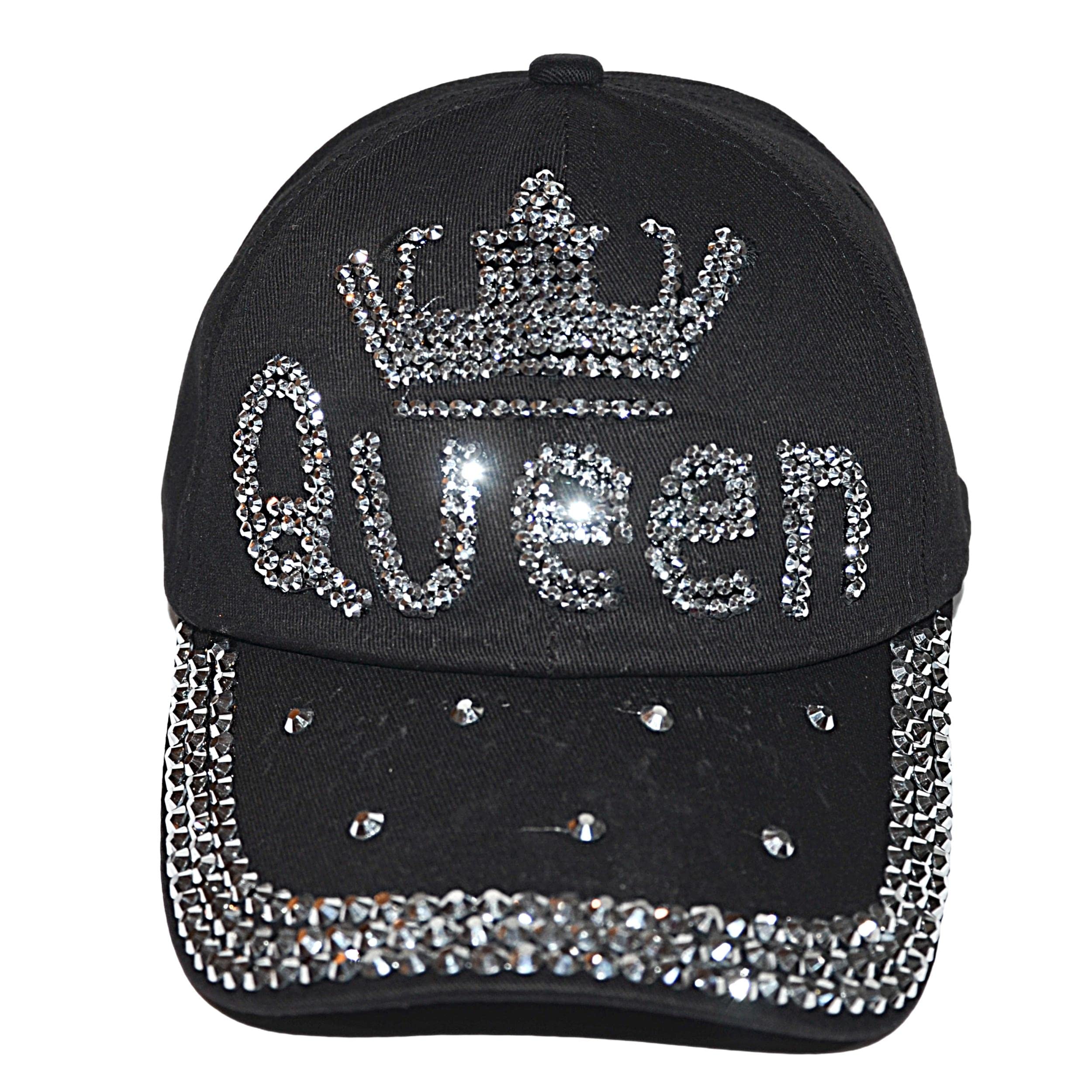Popfizzy Bling Hat for Women, Rhinestone Baseball Cap, Bedazzled Distressed Denim Hats, Birthday Gifts for Women, Adjustable, Queen With Crown (Black), One Size