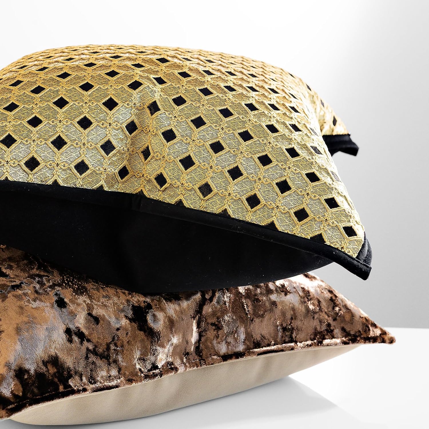 Light Luxury Modern Decorative Pillow Cover, 20x20 inches, Coffee and Gold Geometric Patterns, Suitable for Heavy Color Sofas, Set of 2
