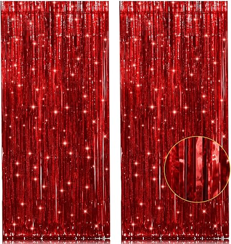 PIGETALE 2 Pack 3.2Ft x 8.2Ft Red Metallic Tinsel Foil Fringe Curtain