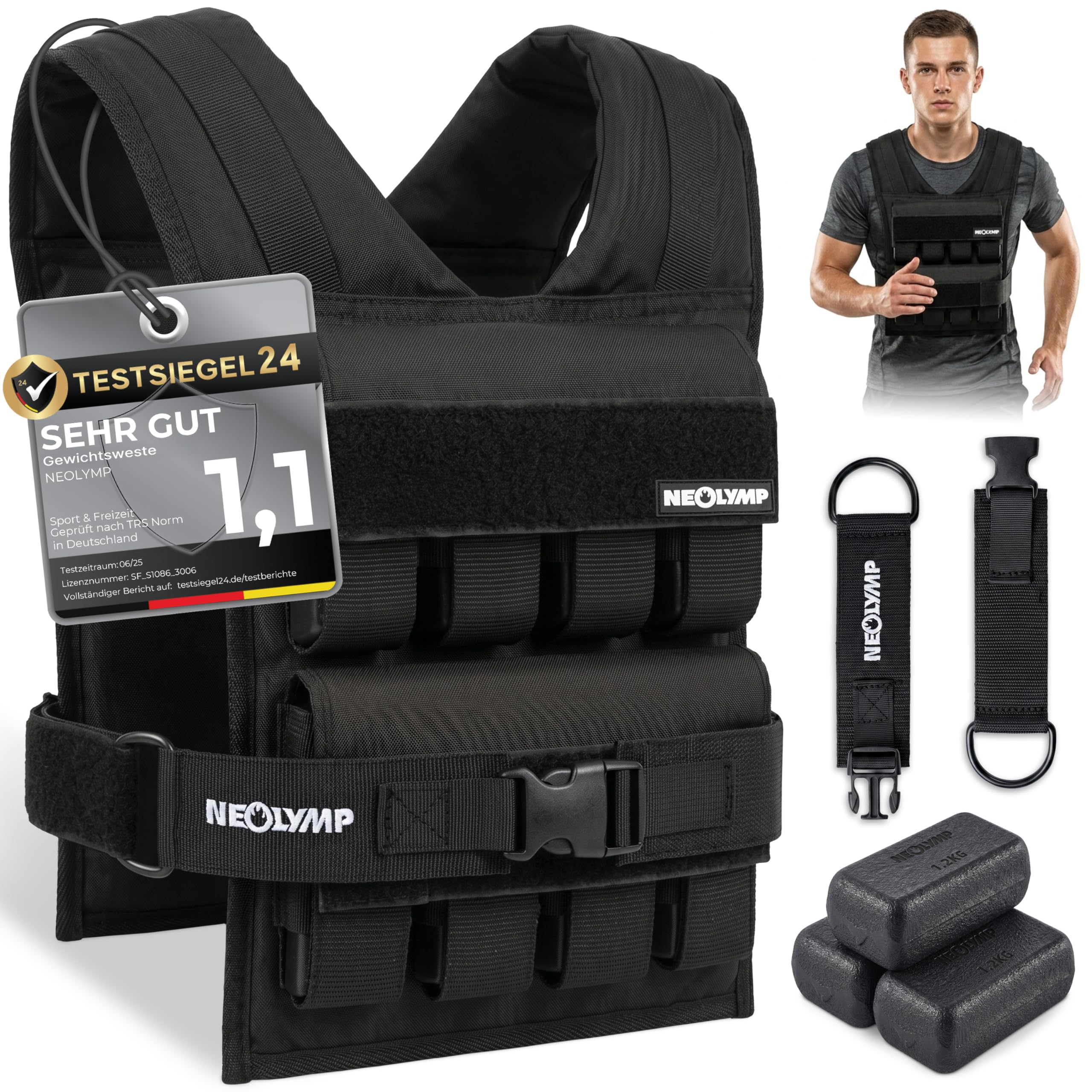 NEOLYMP Gewichtsweste 20kg – 16 Metallblöcke à 1,2kg – Stufenlos verstellbar bis 20 kg– Kein Verrutschen – Calisthenics Equipment & Krafttraining - Weight Vest – Plattenträger Weste Herren Damen
